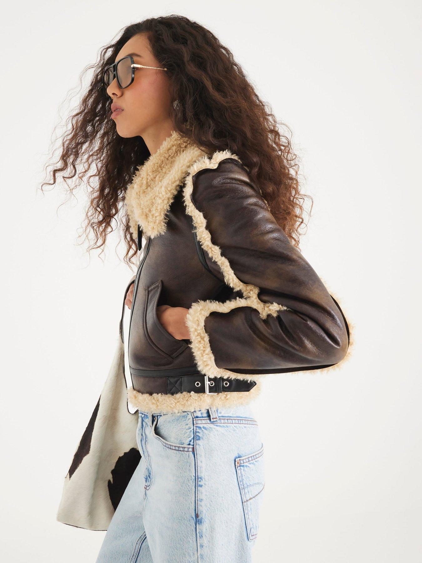 Image 1 of 4 of River Island Seam Detail Shearling Jacket - Dark Brown