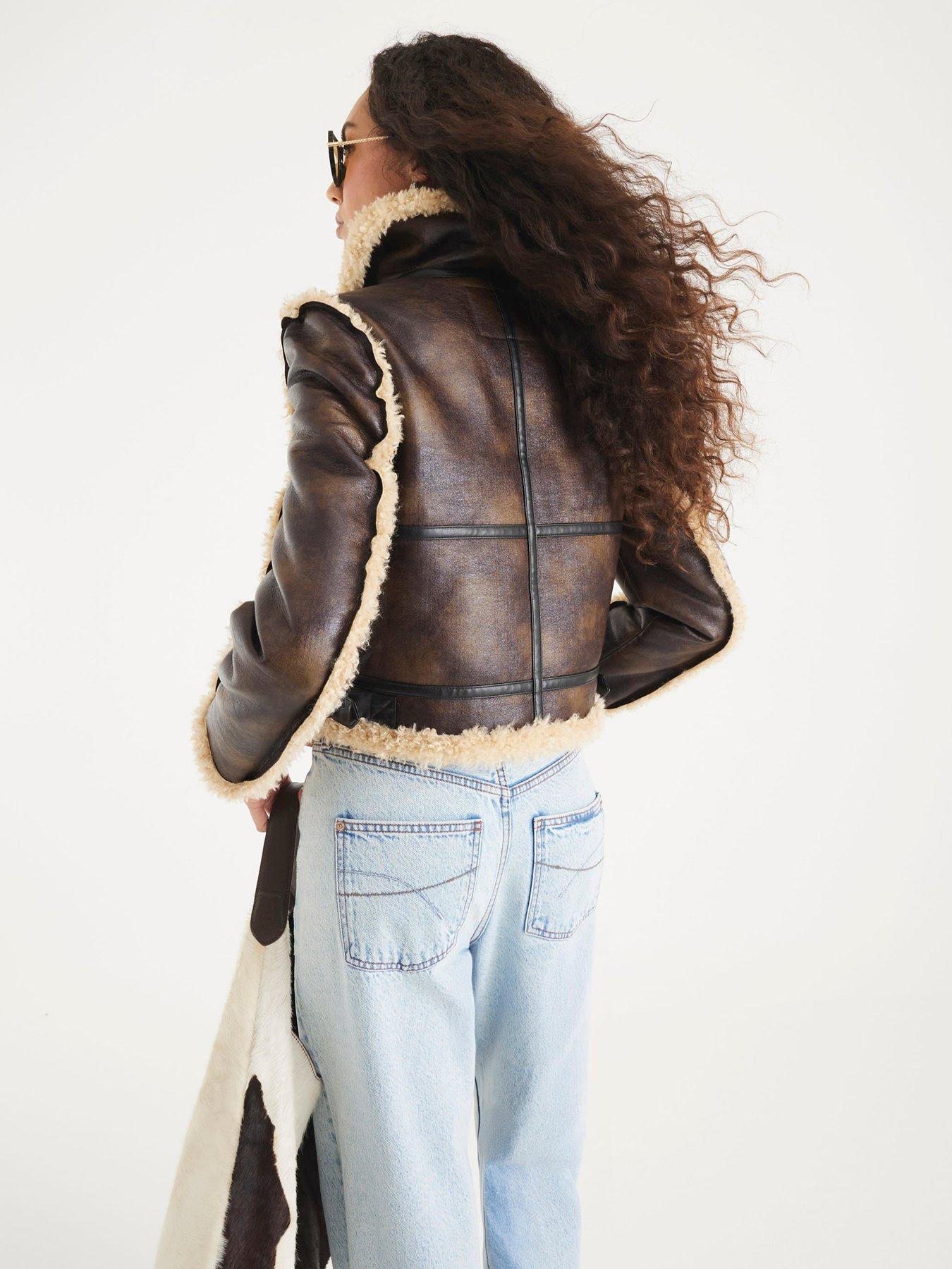 Image 2 of 4 of River Island Seam Detail Shearling Jacket - Dark Brown