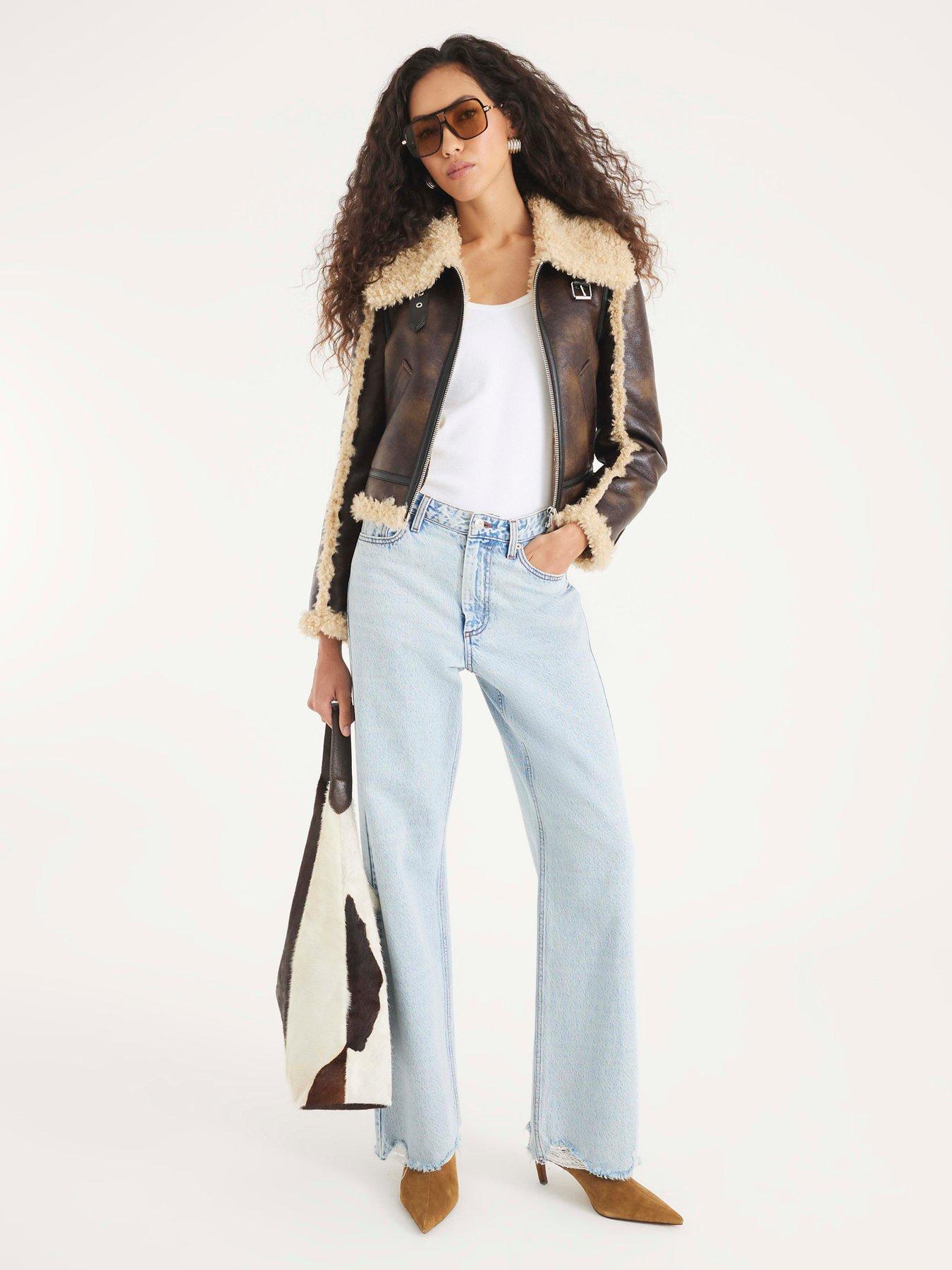 Image 3 of 4 of River Island Seam Detail Shearling Jacket - Dark Brown