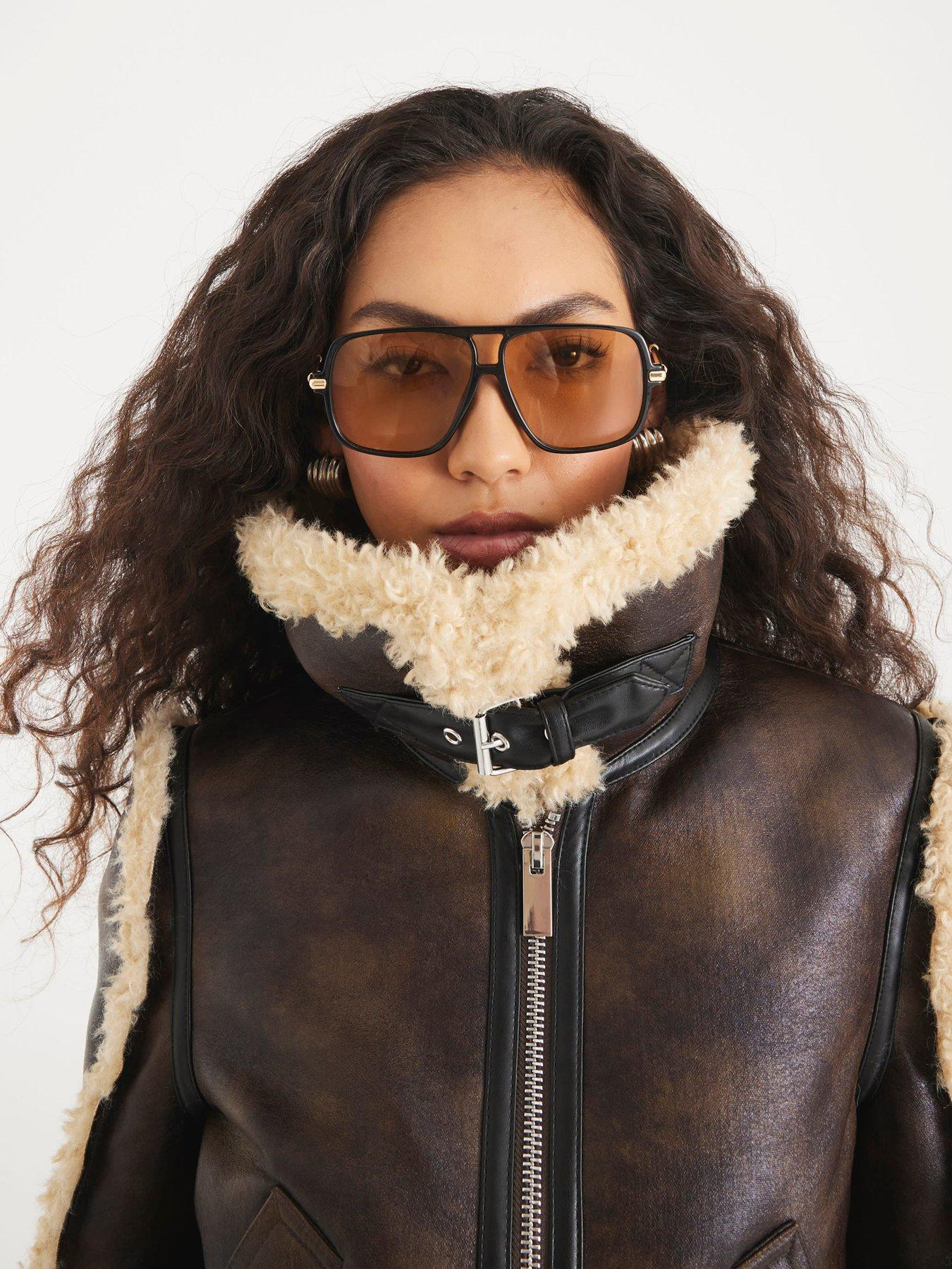 Image 4 of 4 of River Island Seam Detail Shearling Jacket - Dark Brown