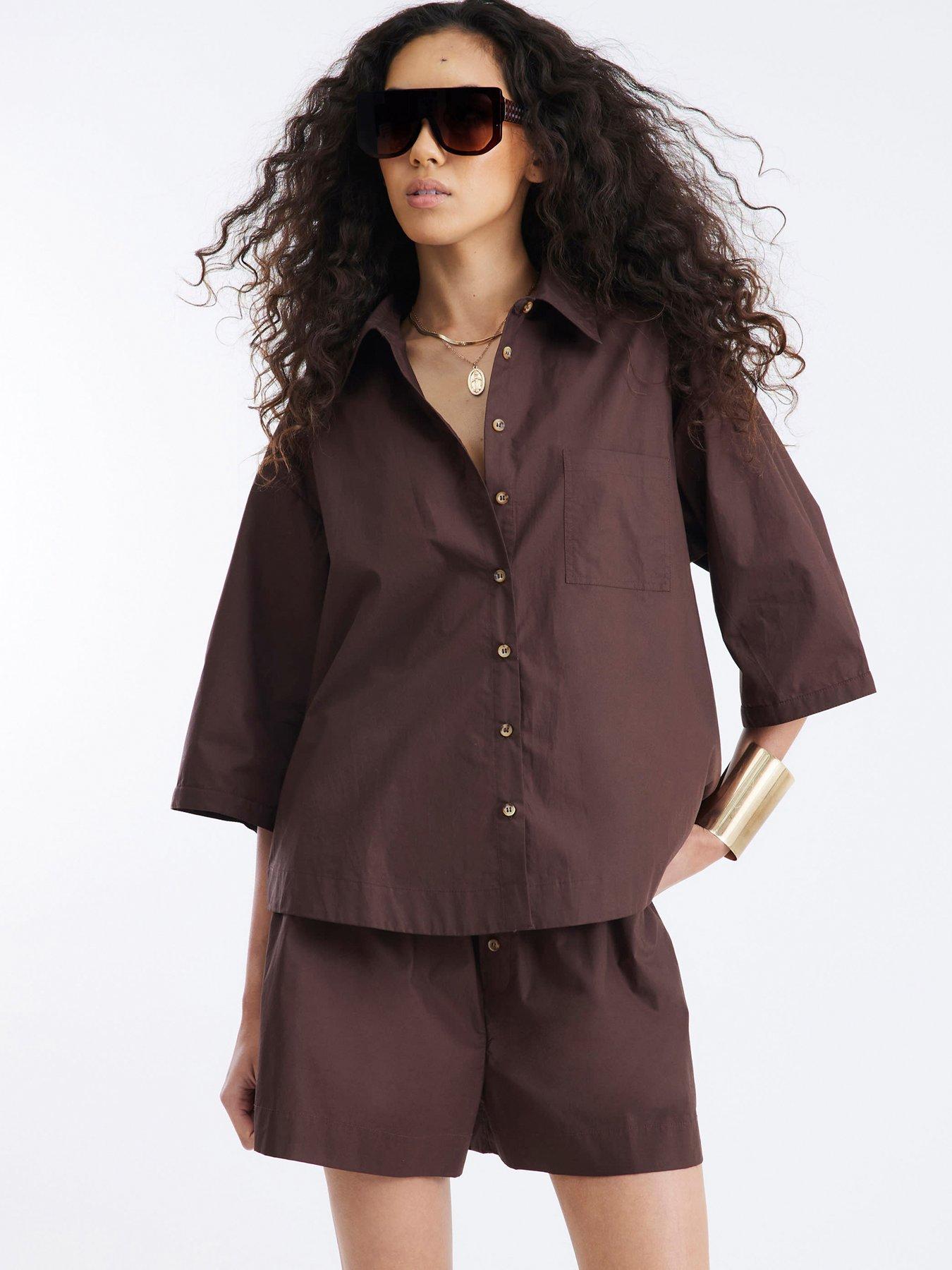 Image 1 of 4 of River Island Short Sleeve Shirt - Dark Brown