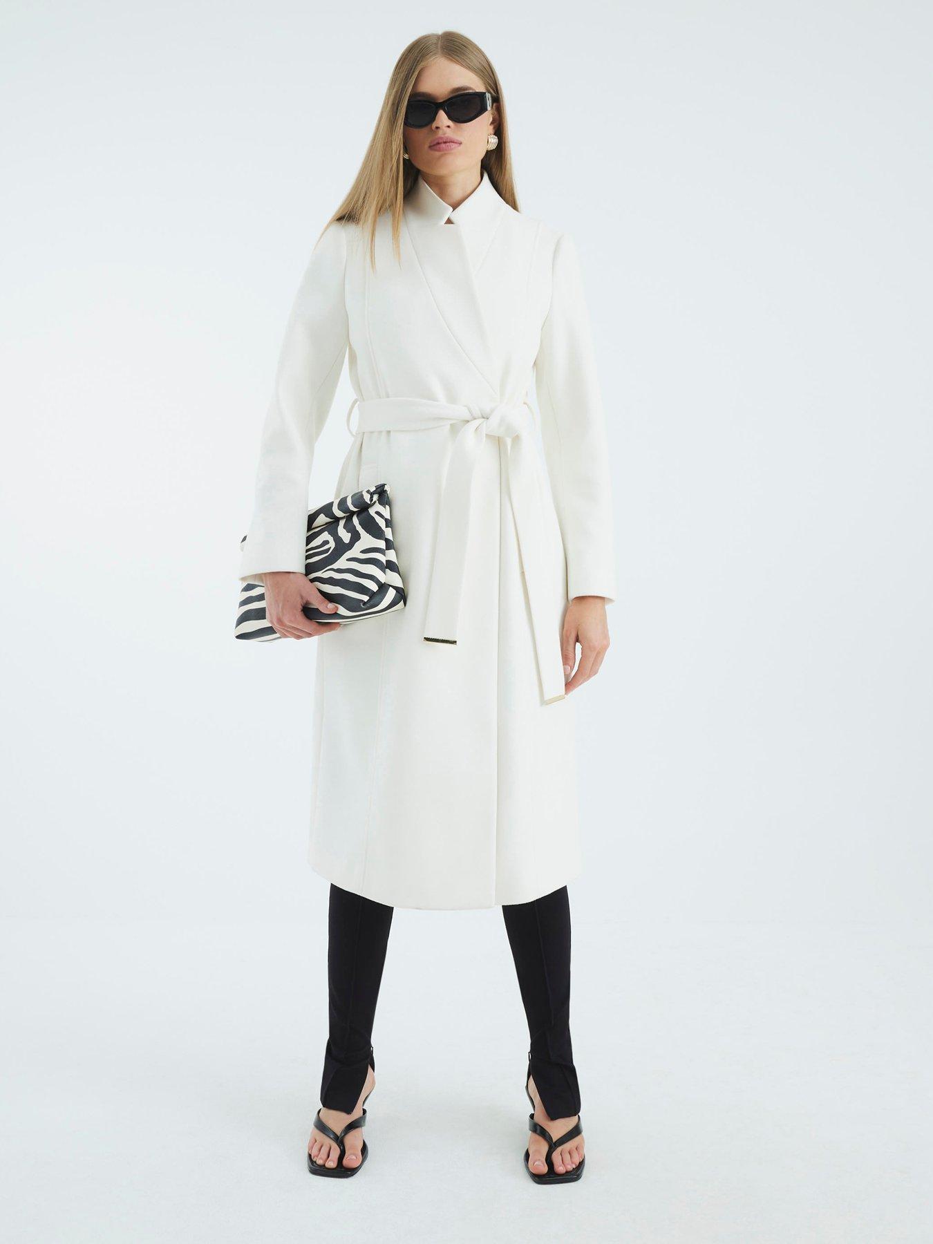 River Island Notch Collar Belted Wrap Coat - Cream