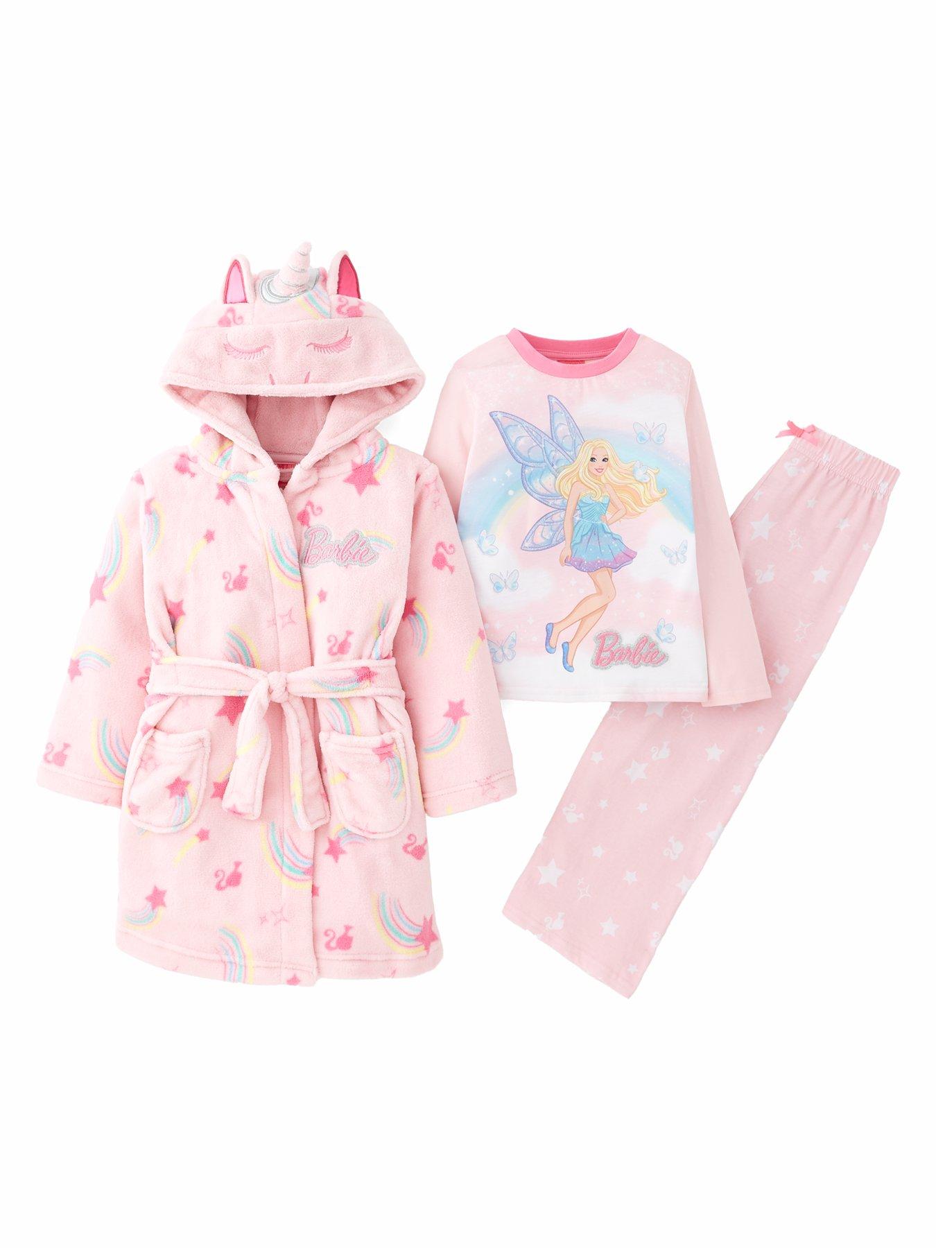 Barbie Barbie 3 Piece Unicorn Long Sleeve Pyjama And Gown Set - Pink