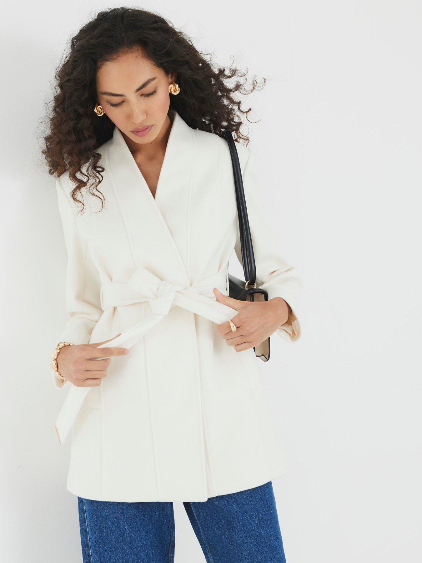Image 1 of 4 of River Island Short Belted Wrap Coat - Cream
