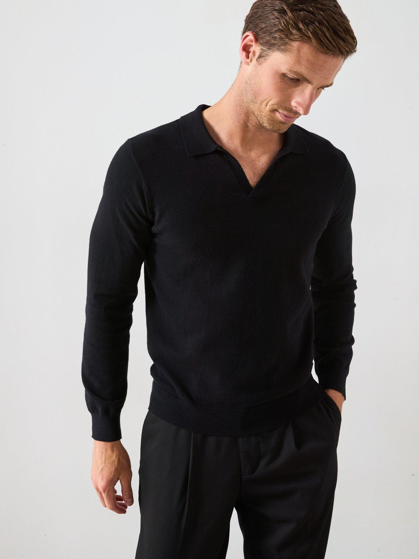 Very Man Long Sleeve Knitted Trophy Neck Polo With Wool - Black