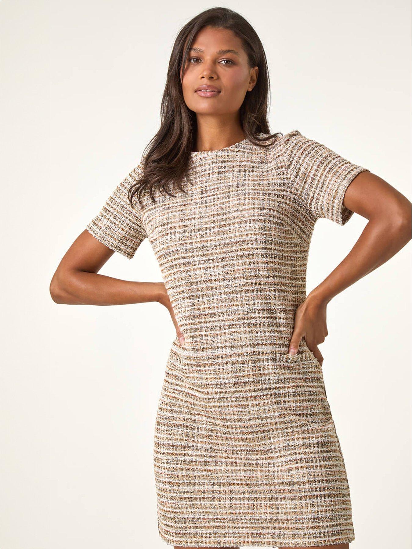 Roman Textured Pocket Stretch Shift Dress - Tan