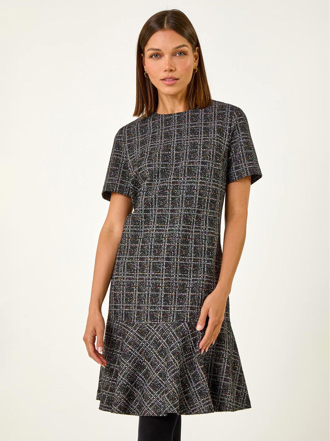 Roman Textured Frill Hem Stretch Dress - Black