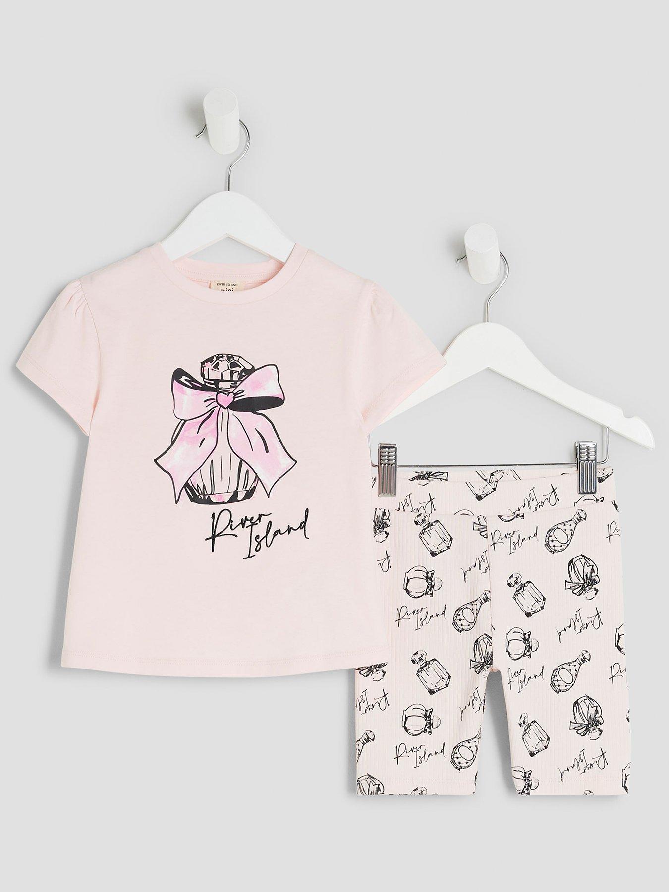 Image 1 of 5 of River Island Mini Girls Perfume T-Shirt Shorts Set - Light Pink