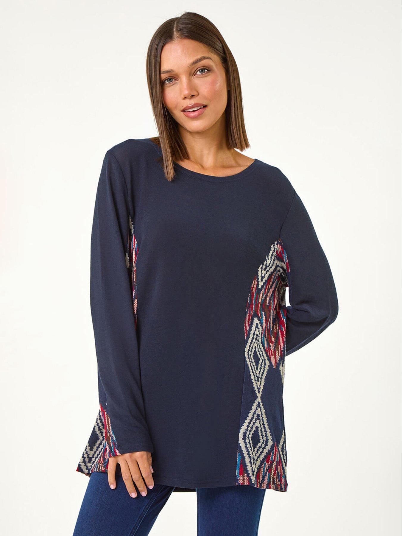 Roman Side Printed Stretch Tunic Top - Midnight Blue