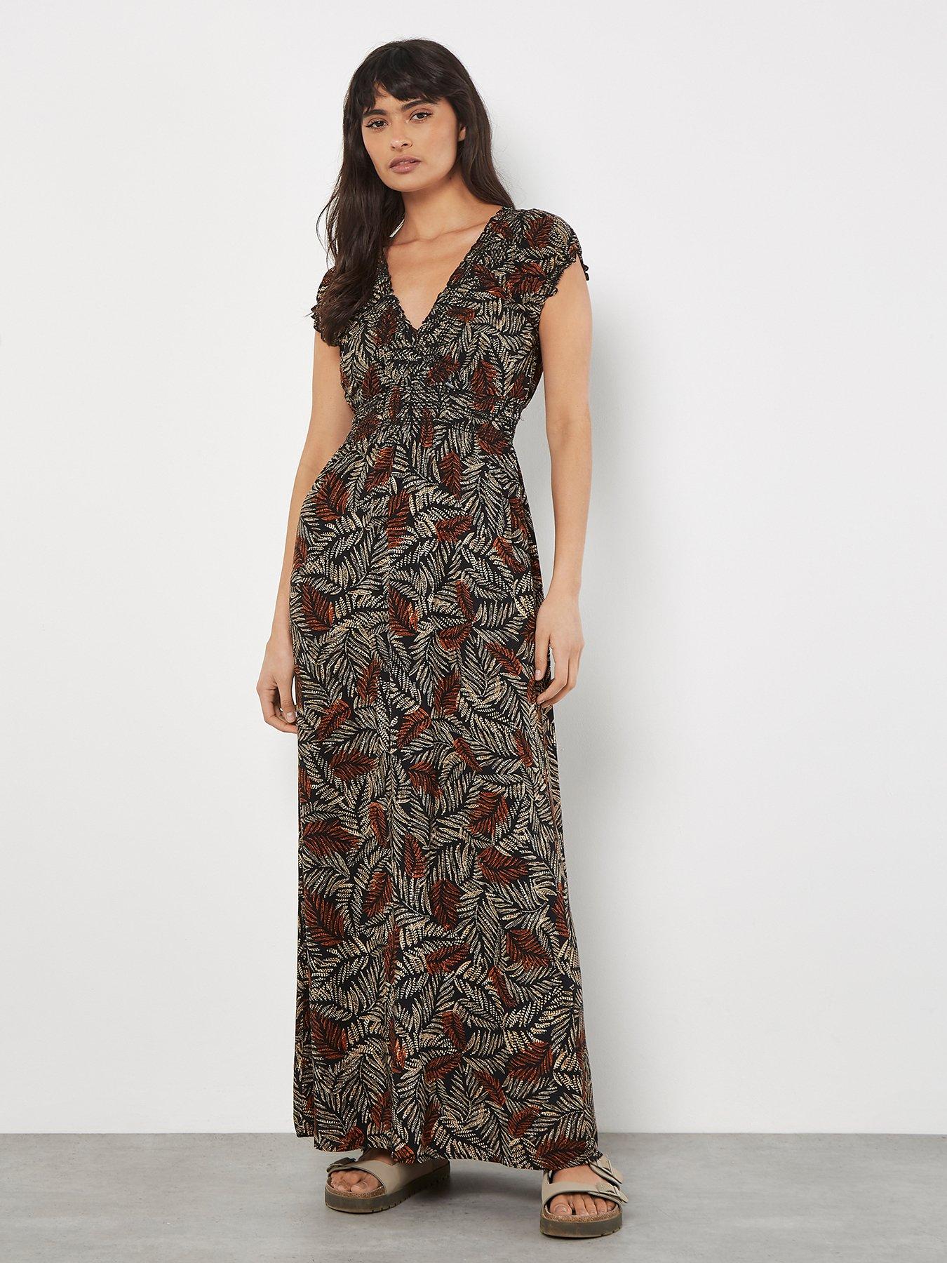 apricot-rustic-leaves-smock-v-neck-maxi-dress-rustfront