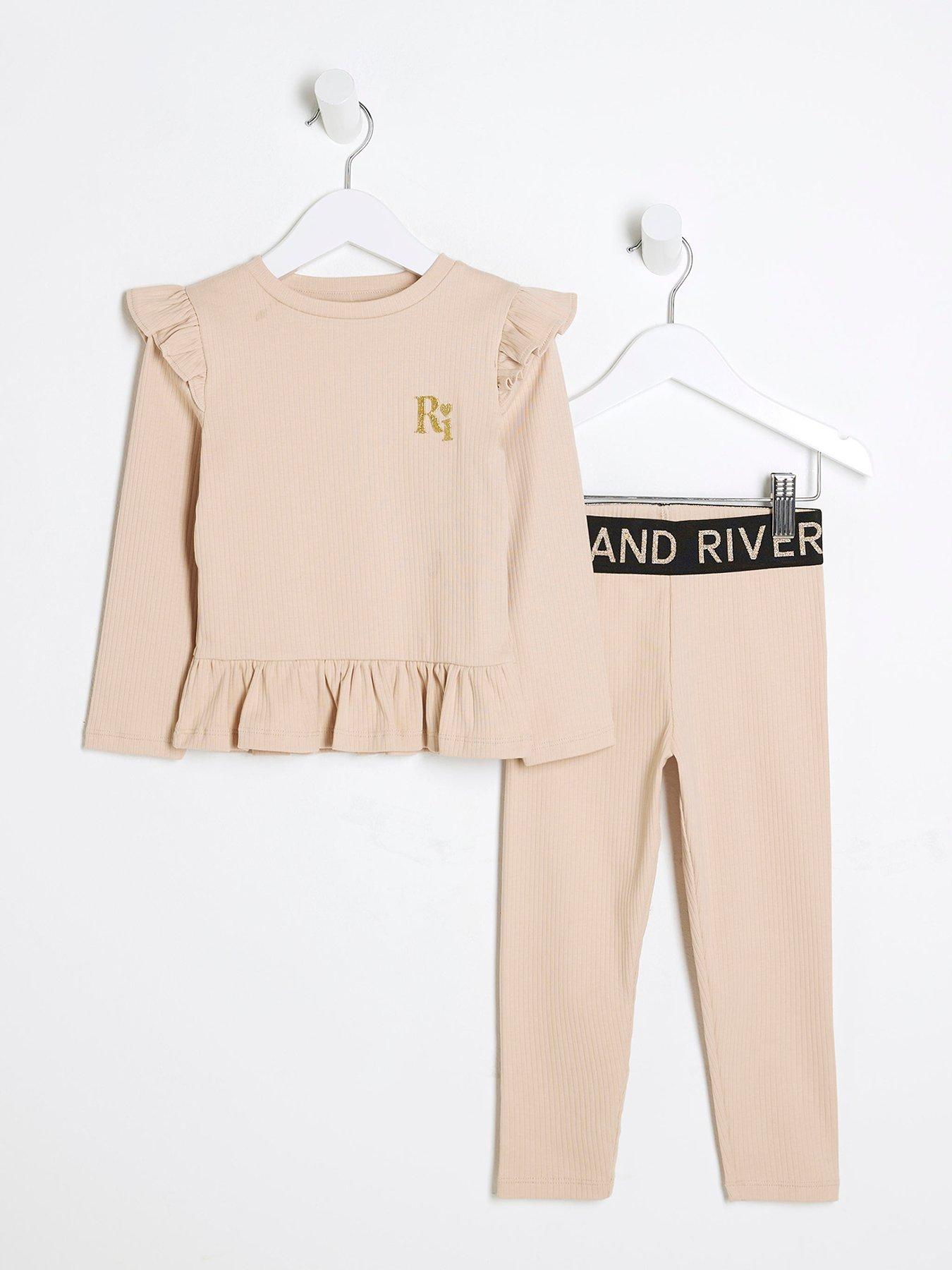 Image 1 of 5 of River Island Mini Mini Girl Ribbed Top Set - Beige
