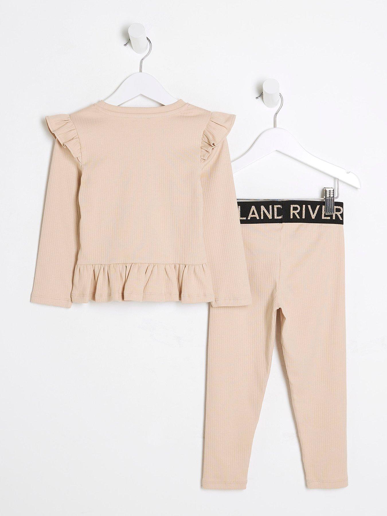 Image 3 of 5 of River Island Mini Mini Girl Ribbed Top Set - Beige