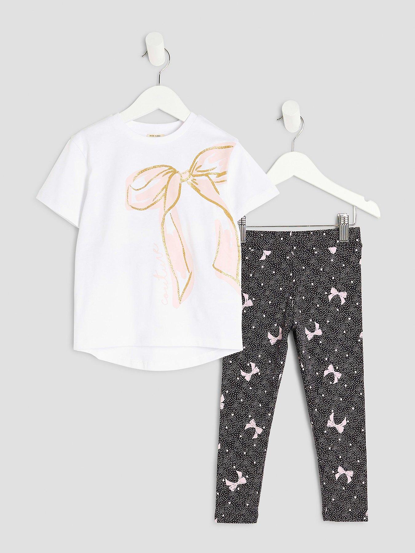 Image 1 of 5 of River Island Mini Girl Bow T-Shirt and Legging Sets - White