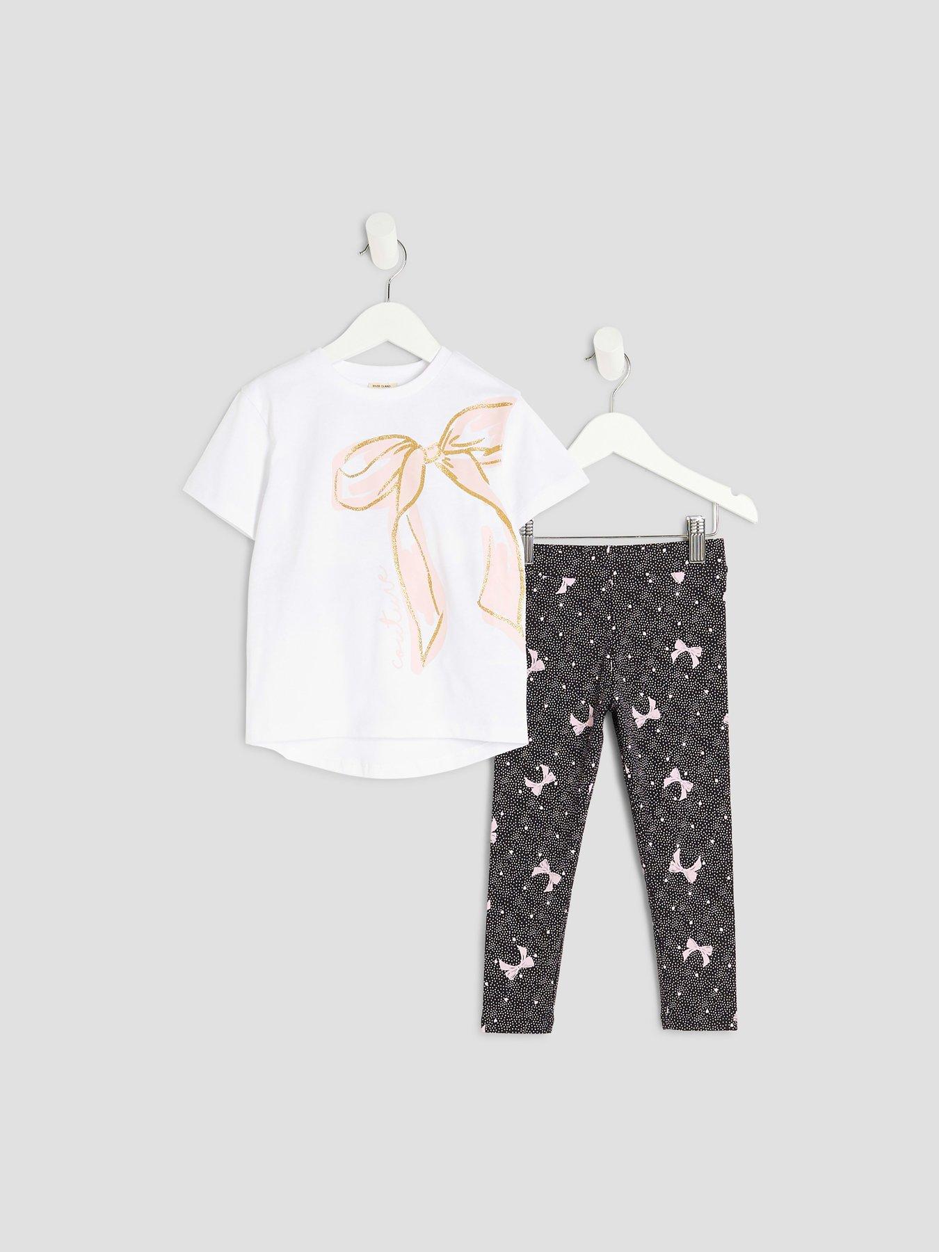 Image 2 of 5 of River Island Mini Girl Bow T-Shirt and Legging Sets - White