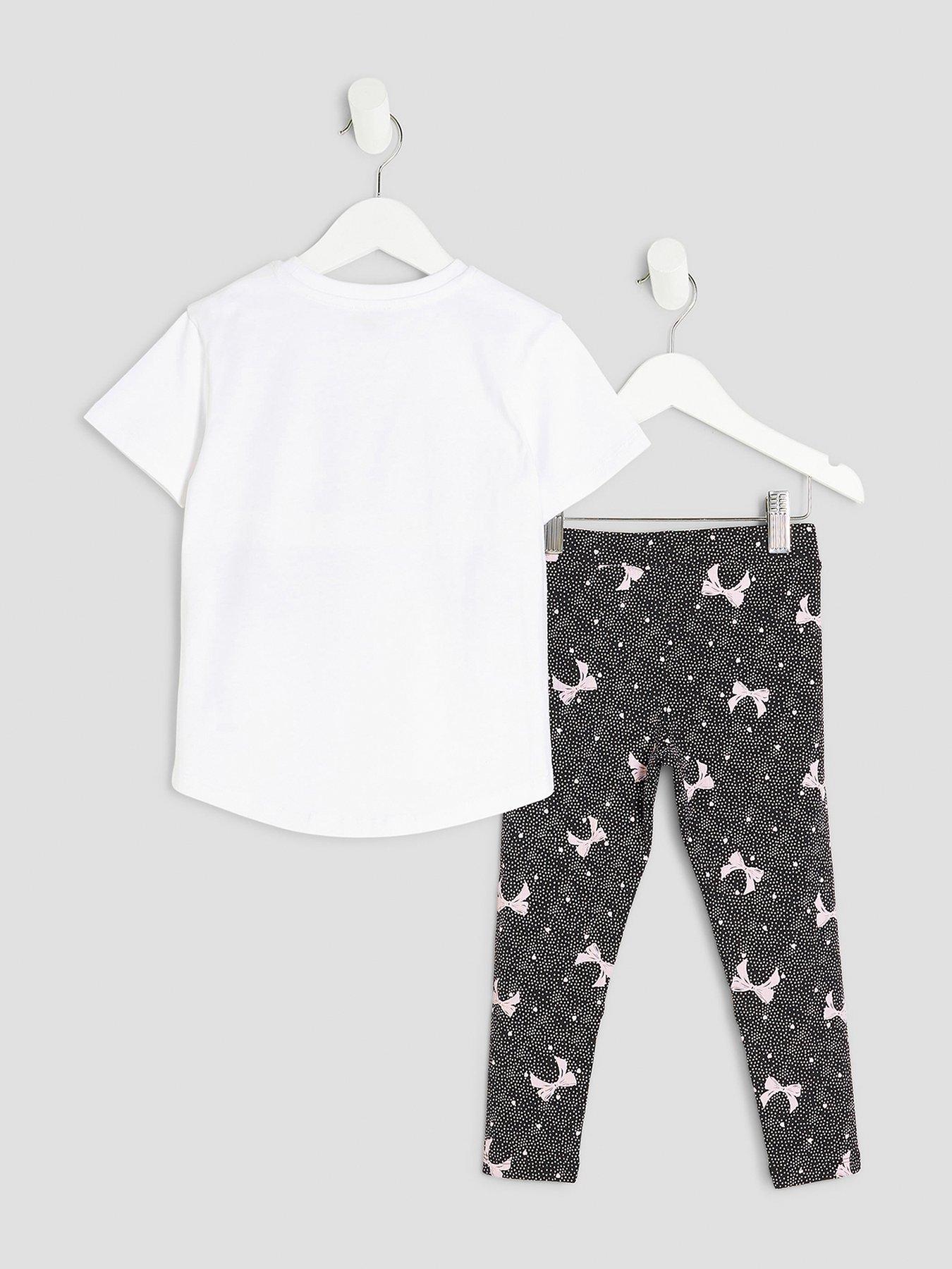 Image 3 of 5 of River Island Mini Girl Bow T-Shirt and Legging Sets - White