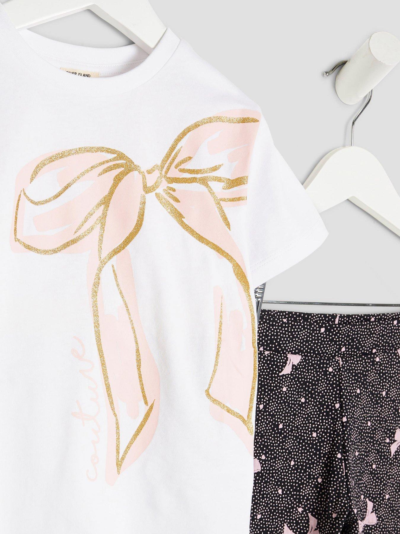 Image 4 of 5 of River Island Mini Girl Bow T-Shirt and Legging Sets - White