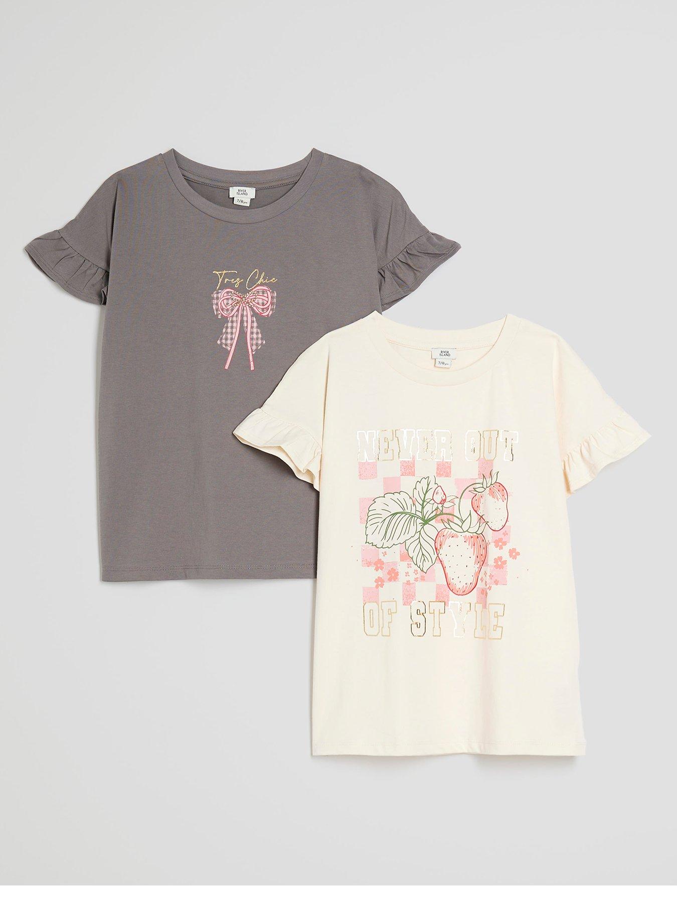 Image 1 of 4 of River Island Girls 2 Pack Frill Tops - Beige/Dark