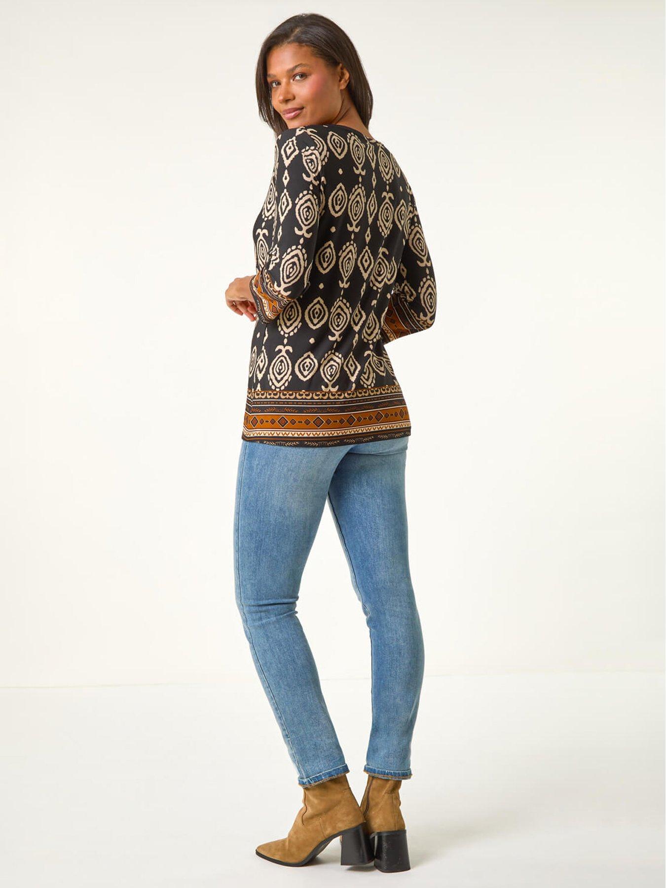 roman-ikat-border-hem-stretch-top-brownstillFront