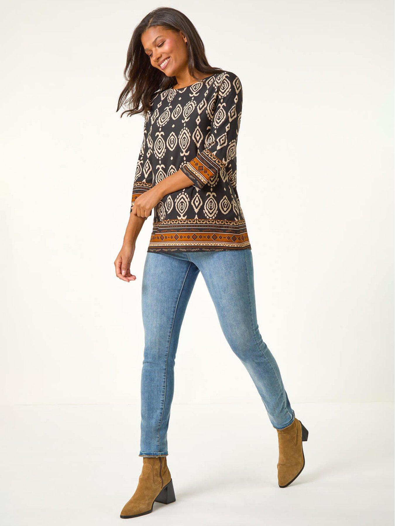 roman-ikat-border-hem-stretch-top-brownback