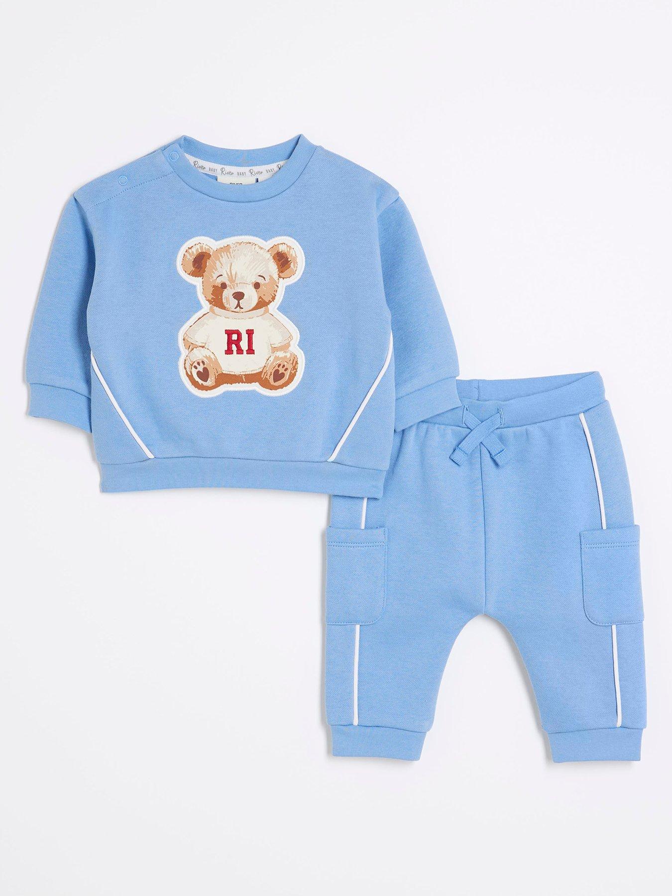 Image 1 of 5 of River Island Baby Baby Boys Bear Sweatshirt Set - Blue