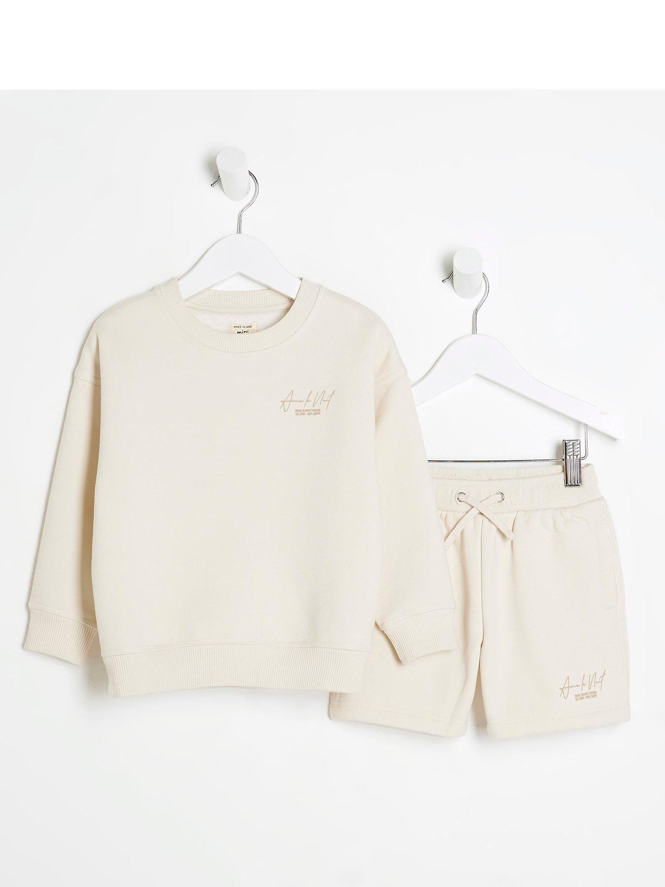 Image 1 of 5 of River Island Mini Mini Boys Sweatshirt Short Set - Ecru