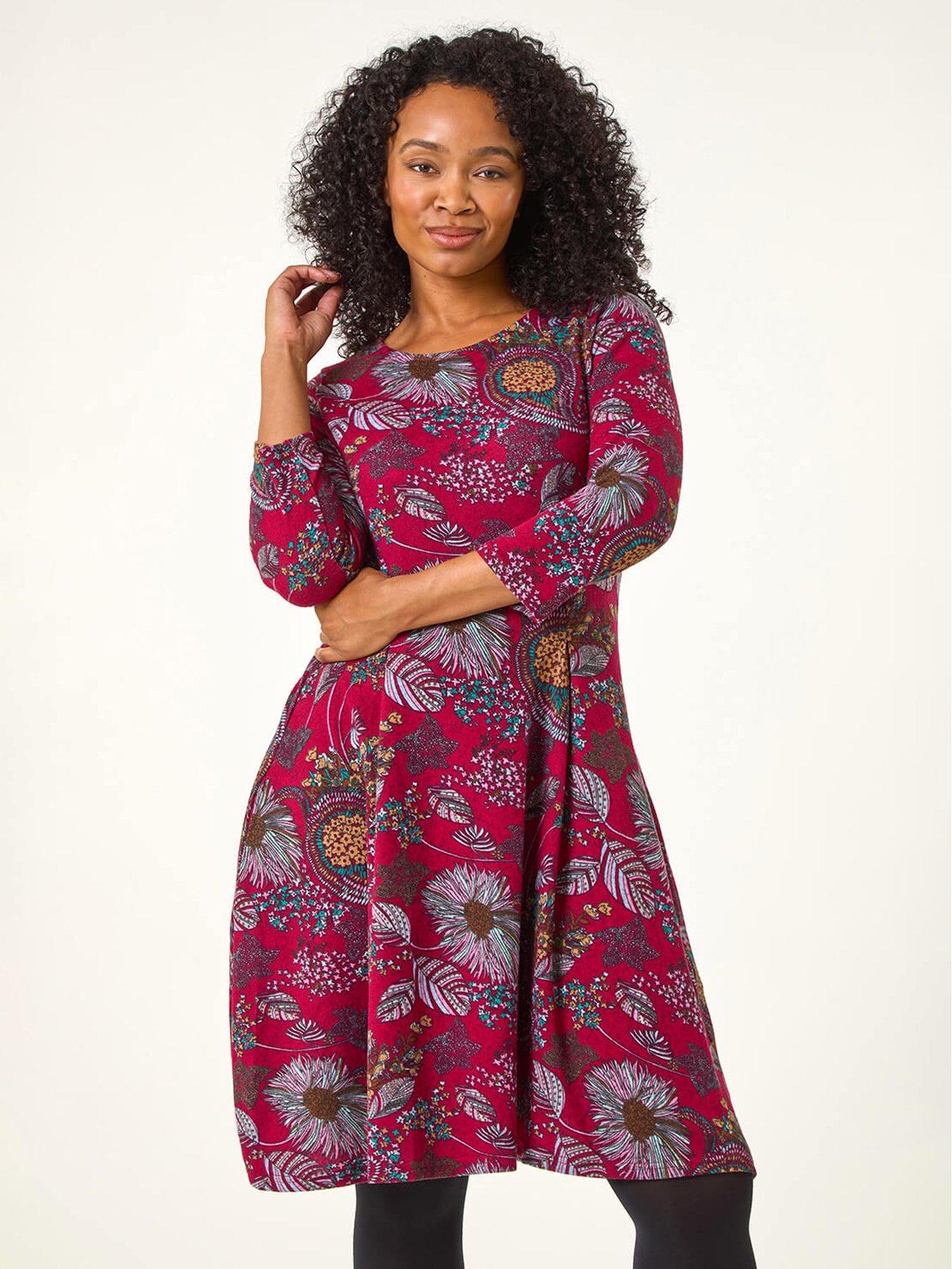 Roman Petite Floral Print A-line Stretch Dress - Red