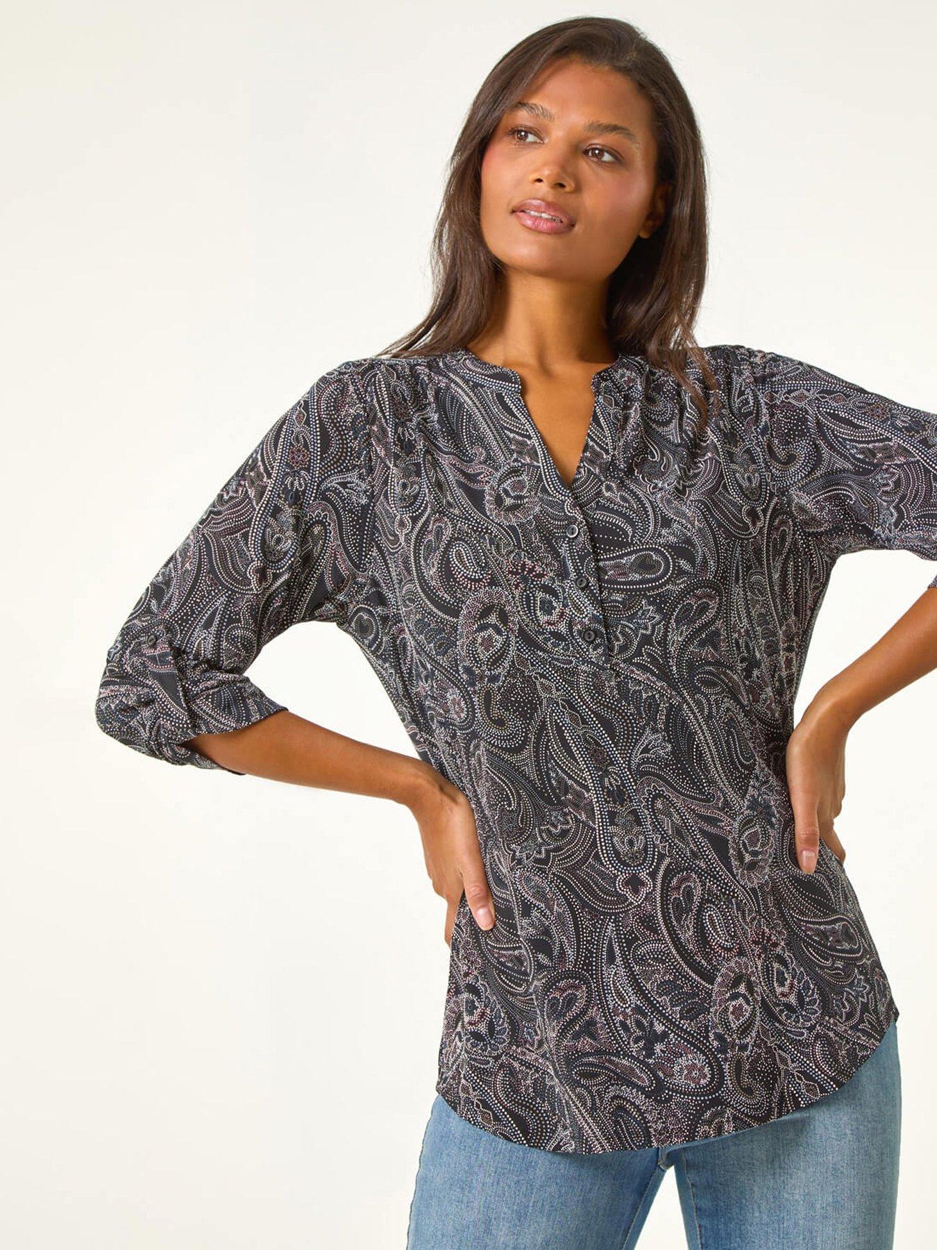 roman-textured-paisley-print-stretch-blouse-greyfront