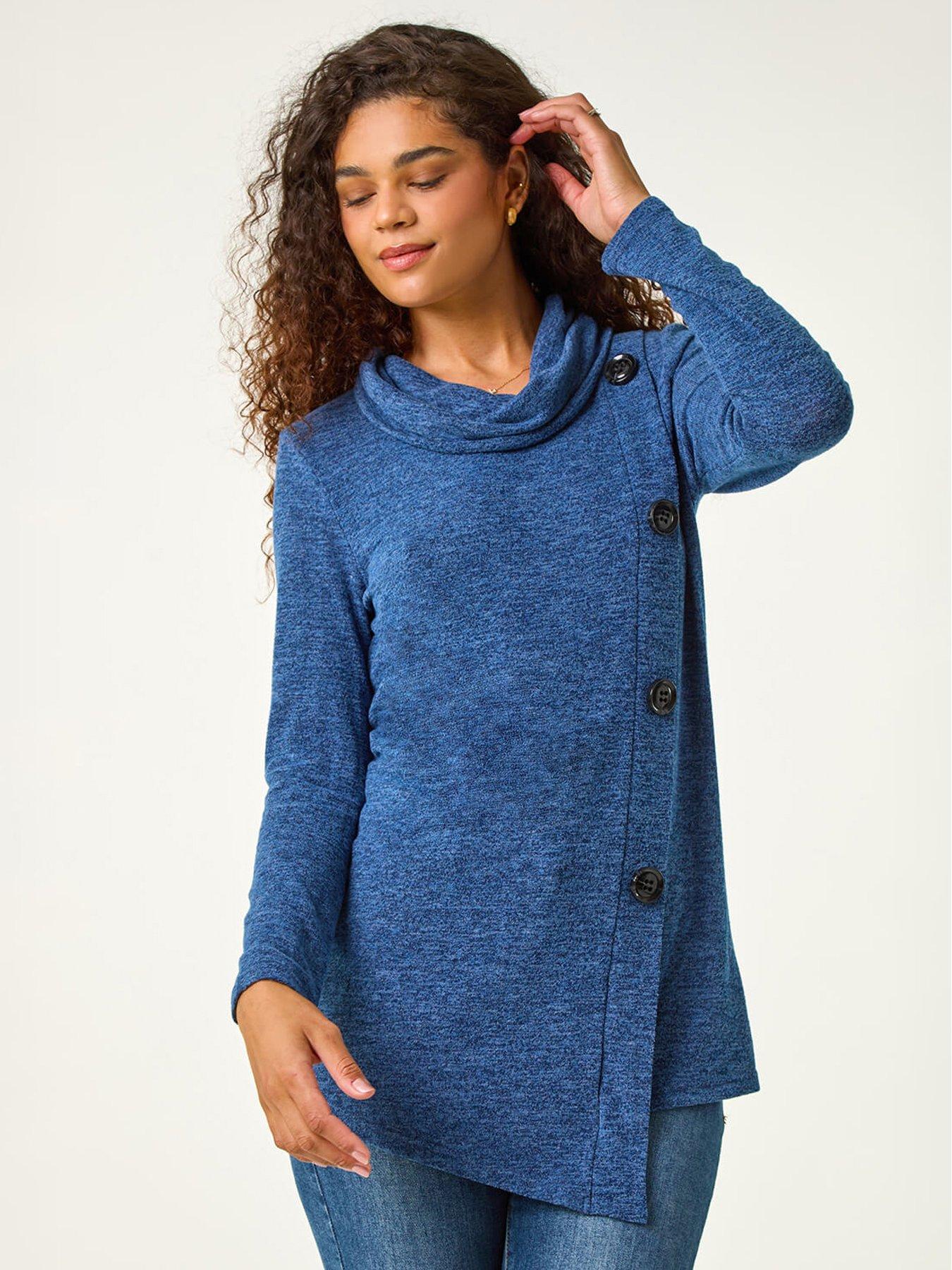 Roman Cowl Neck Buttoned Top - Blue