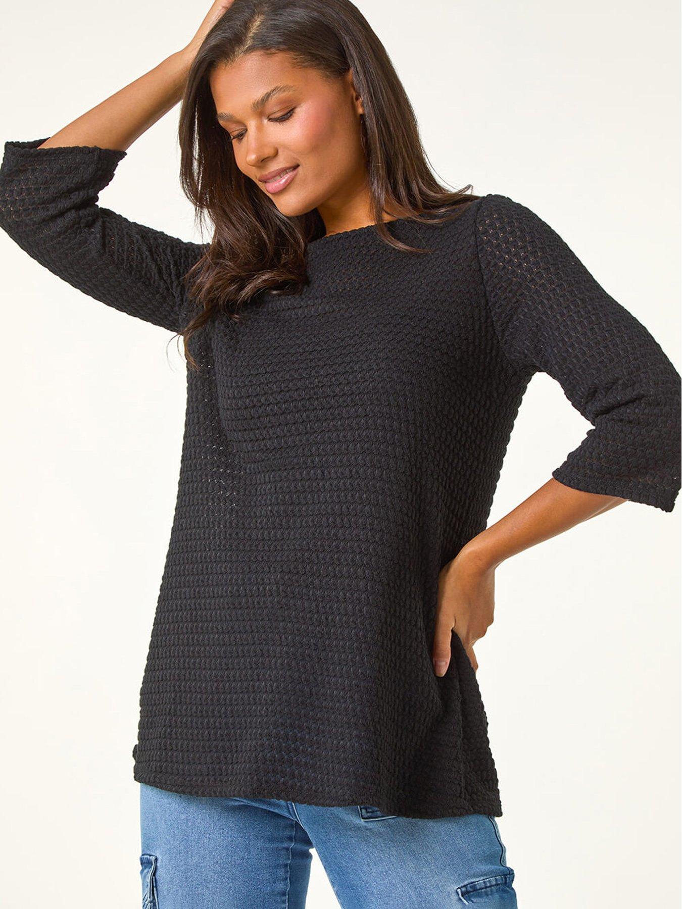 roman-crochet-knit-tunic-stretch-top-black