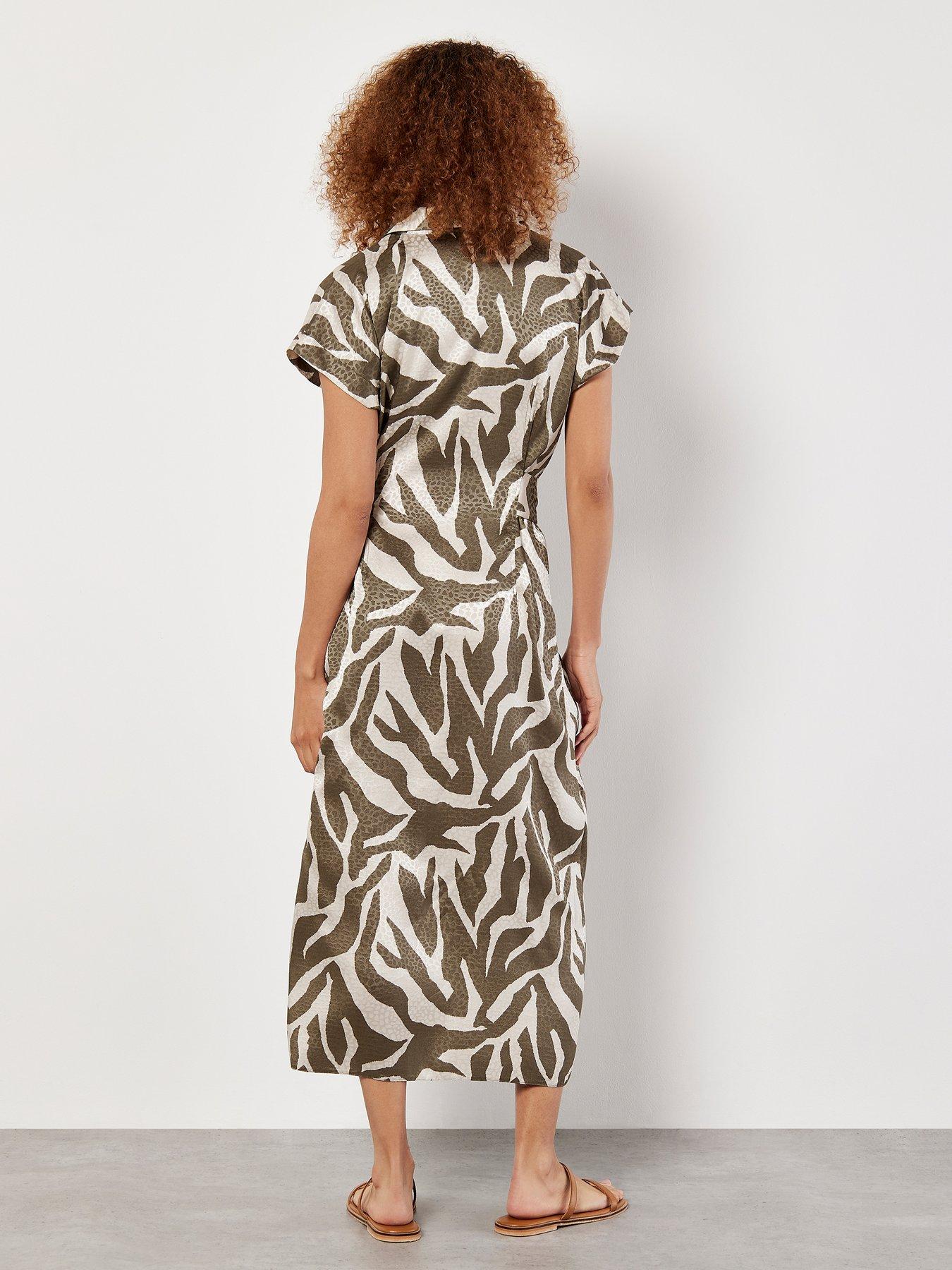 apricot-texture-zebra-print-tie-dress-khakistillFront