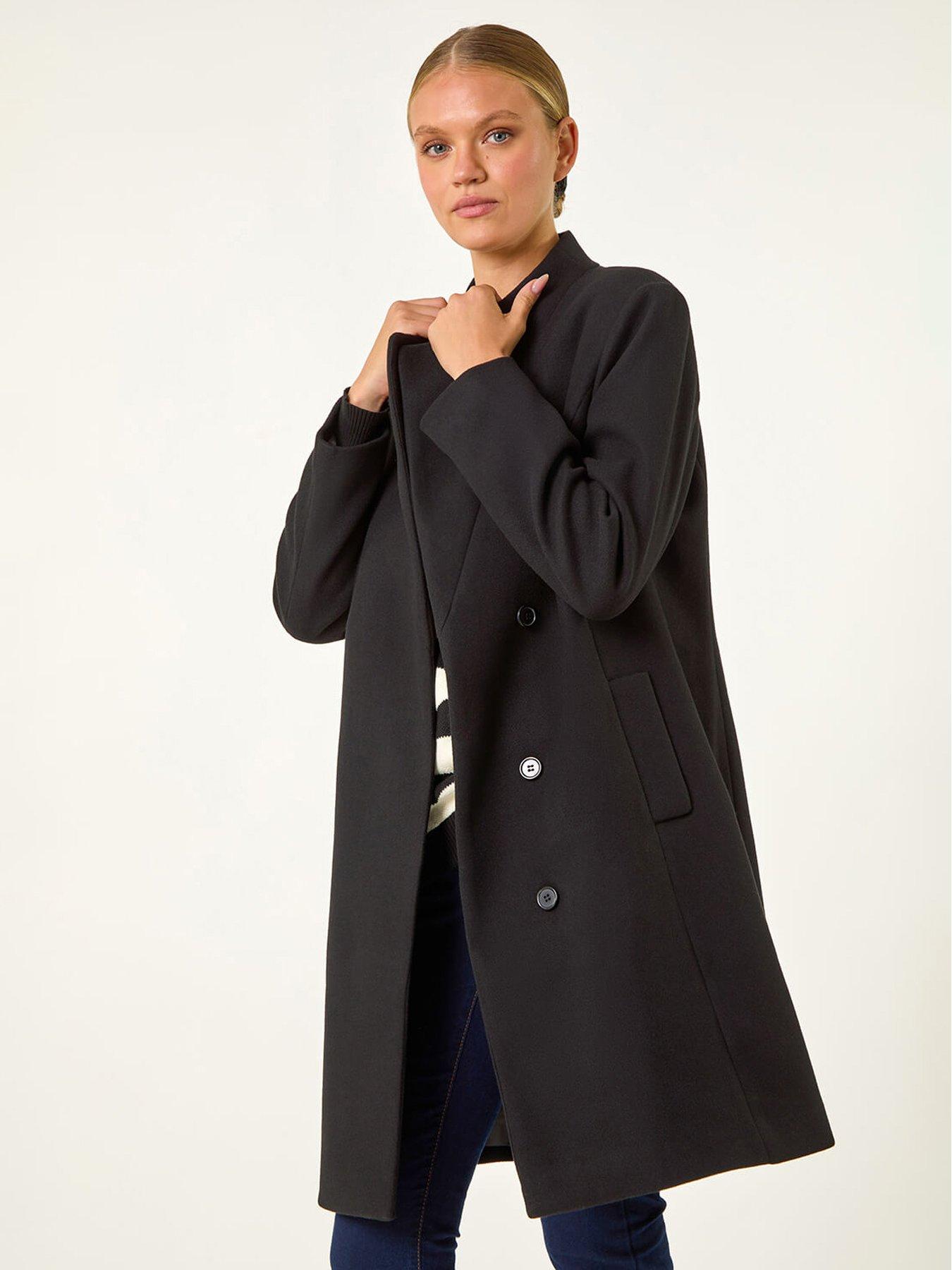 Roman Tailored Funnel Neck Pocket Detail Coat - Black