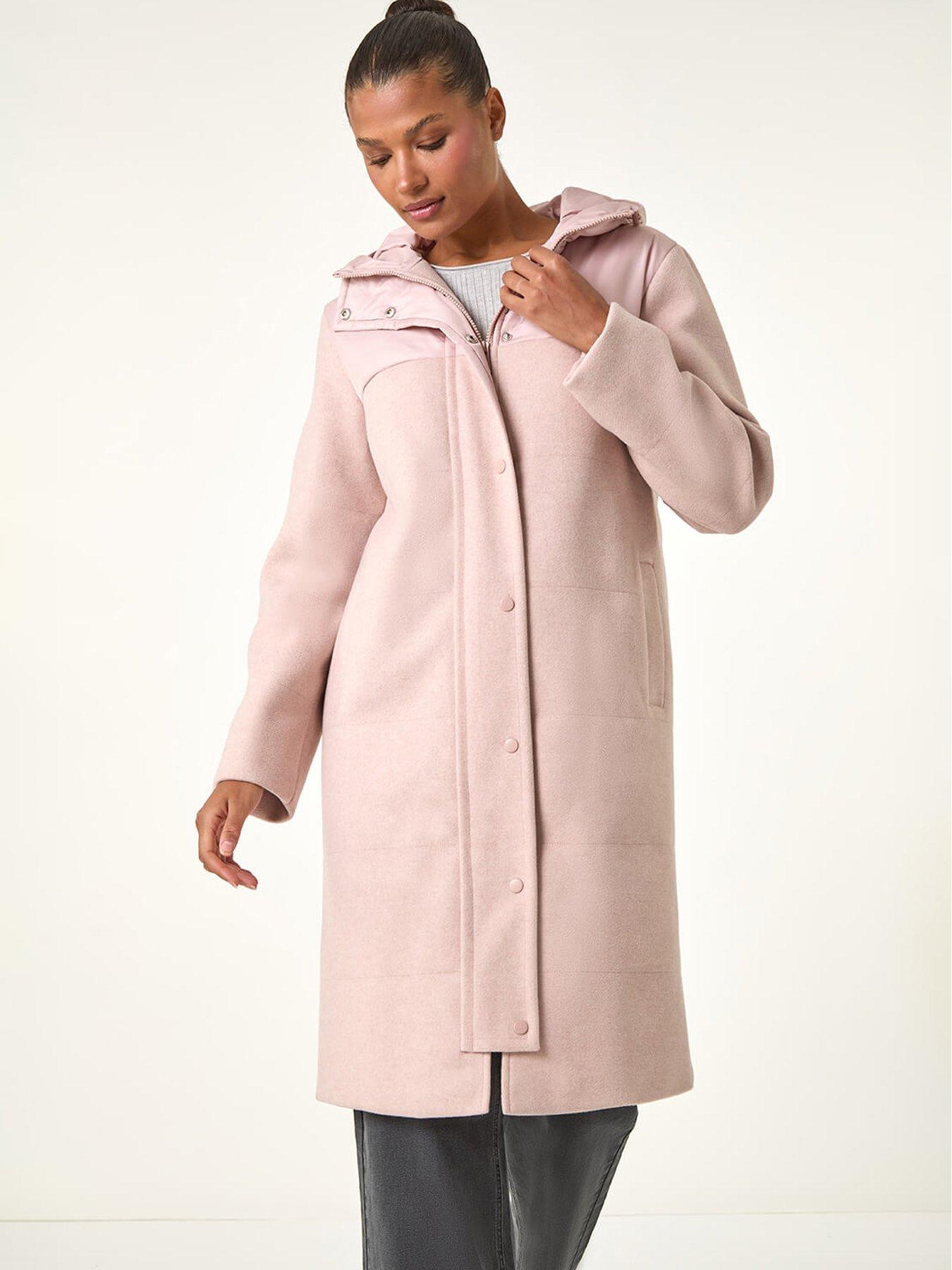 Roman Mixed Fabric Pocket Detail Hooded Coat - Pink