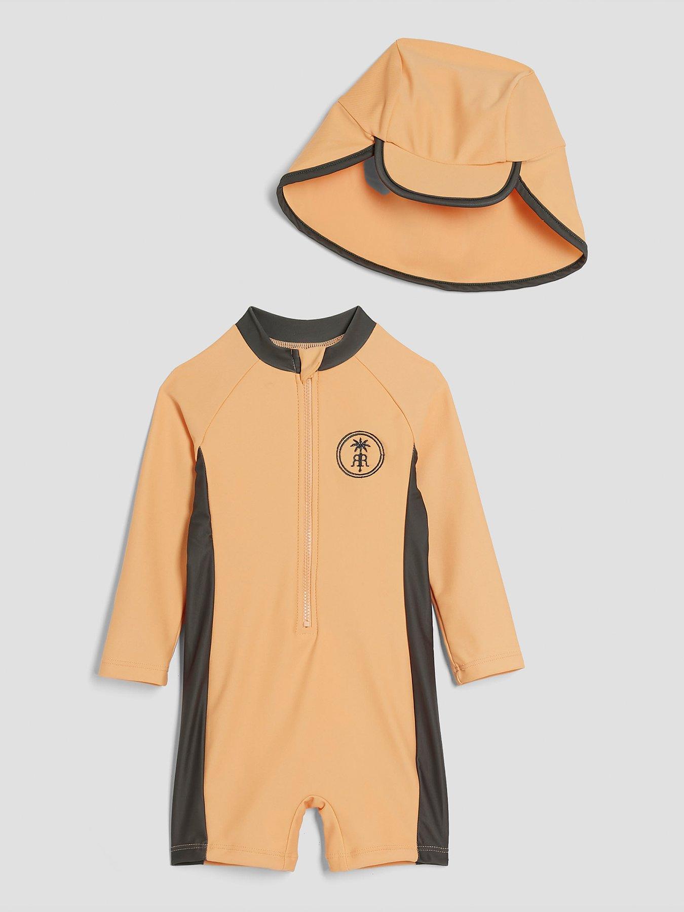 Image of River Island Mini Boys Palm Swim Rashsuit  &  Hat Set - Orange