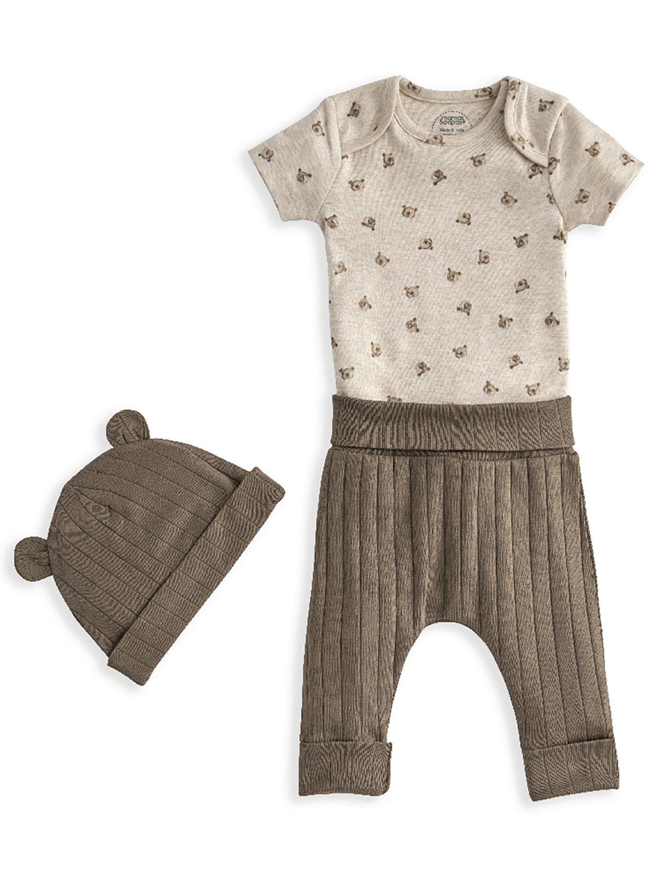 Image of Mamas & Papas Baby Unisex 3 Piece Bear Bodysuit, Legging & Hat Set - Brown
