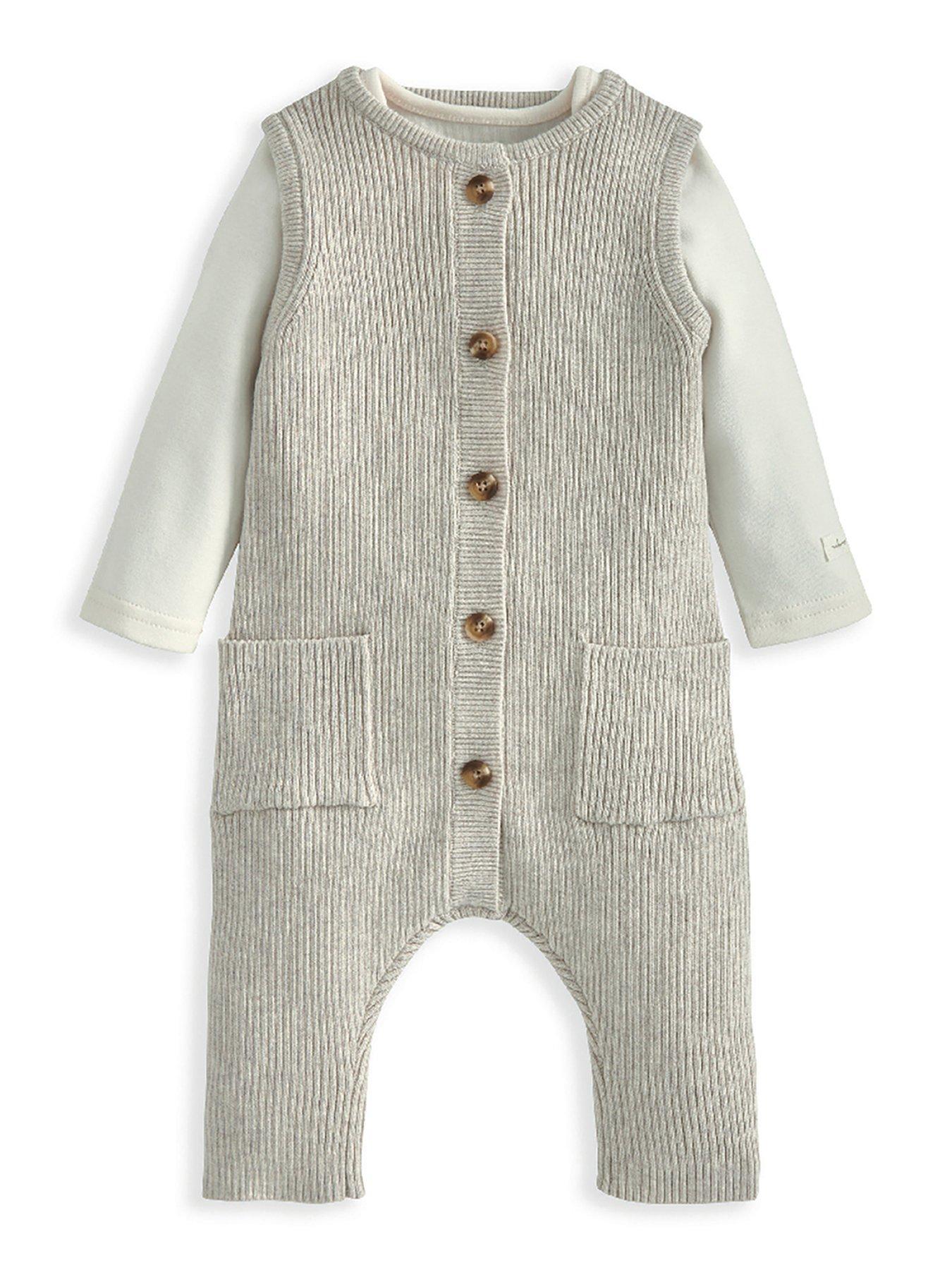 Image 1 of 4 of Mamas & Papas Baby Unisex Knitted Dungaree 2 Piece Set - Beige