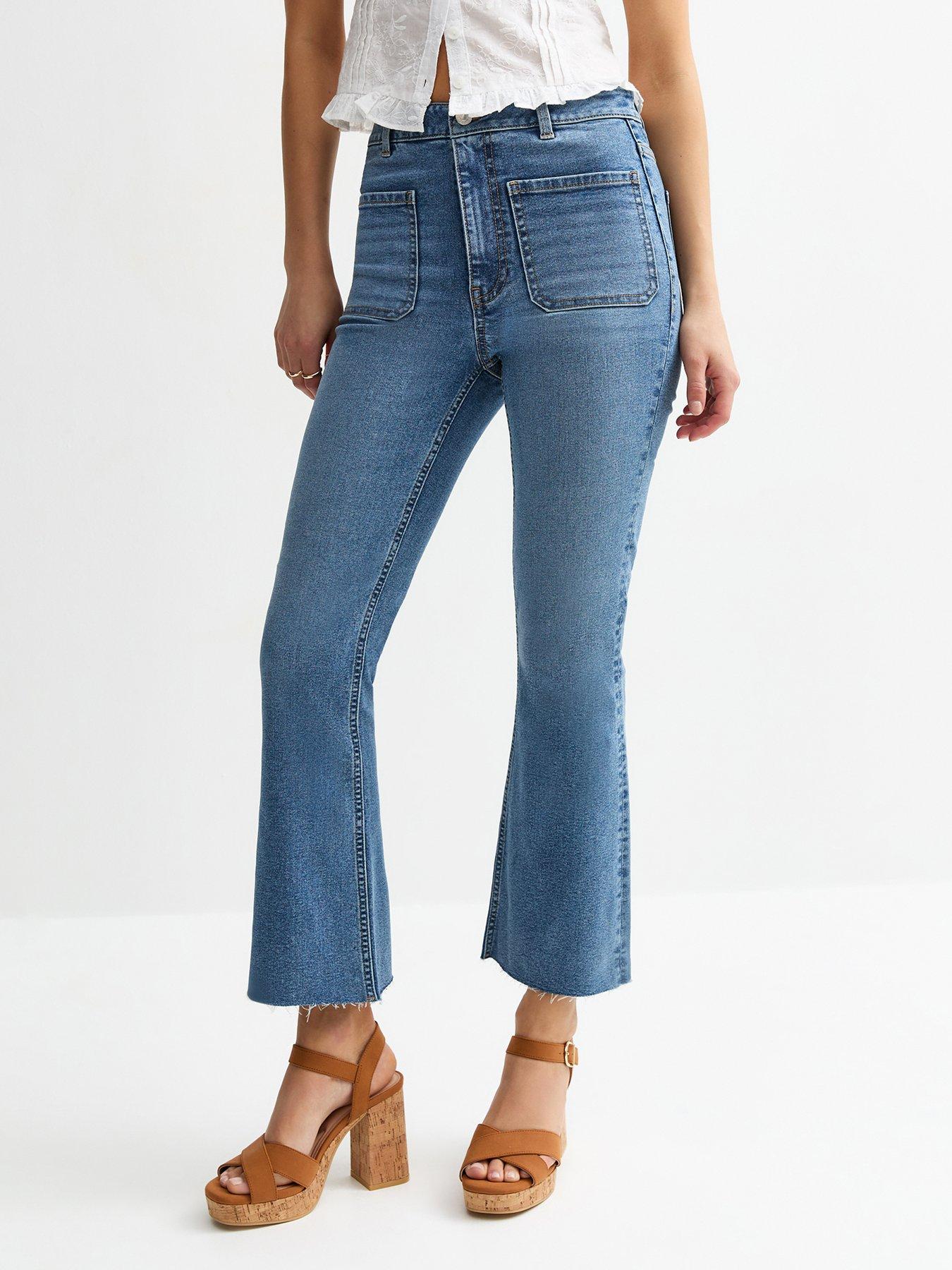 Image 1 of 6 of New Look Blue Patch Pocket Kick Flare Denim Jeans