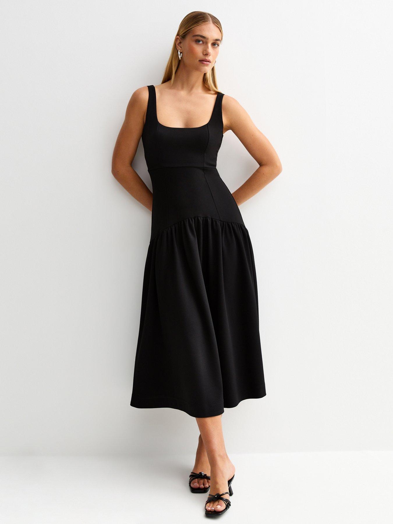 Image 1 of 4 of New Look Square Neck Midi Dress - Black