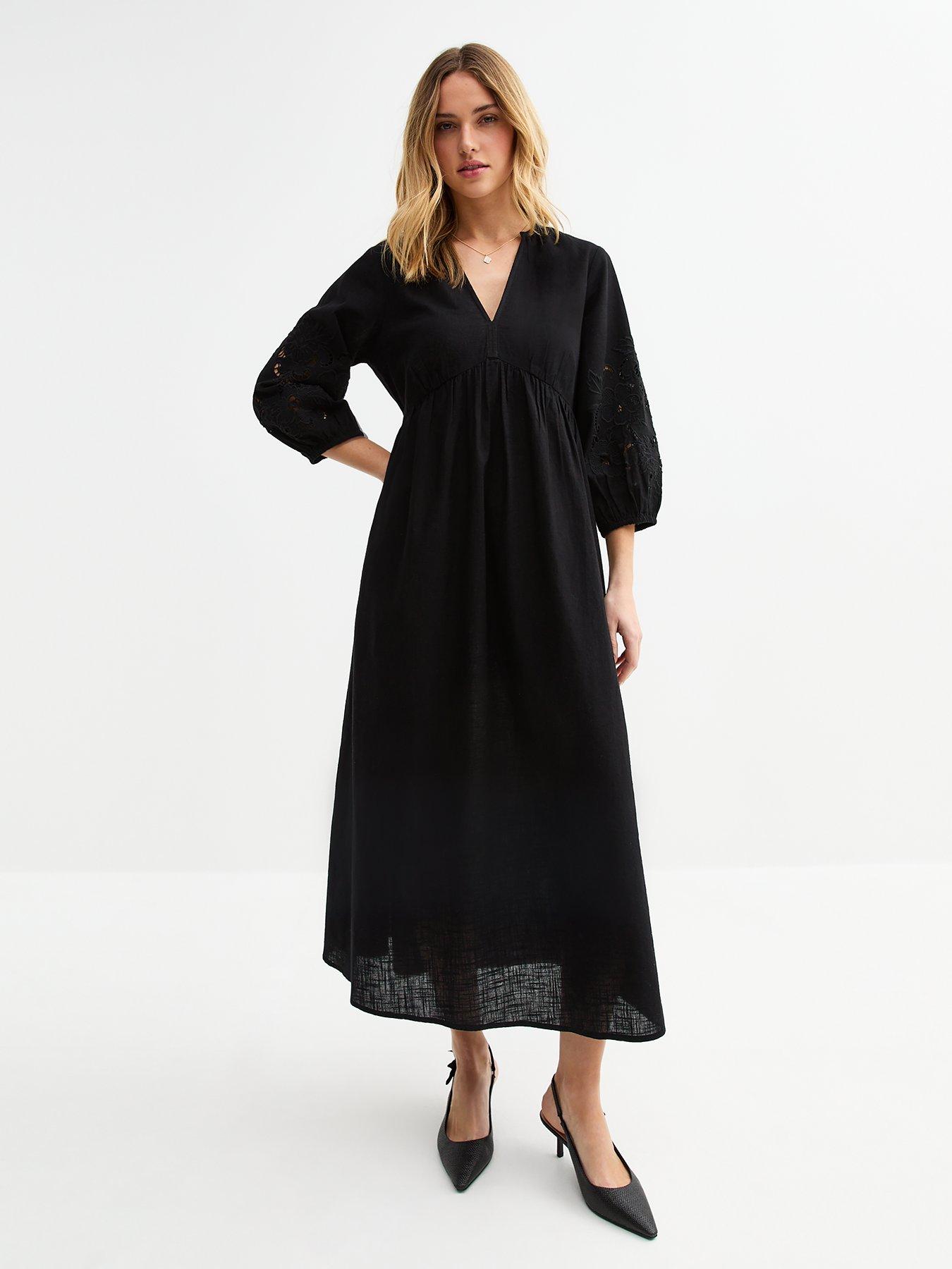 New Look Broderie Anglaise Sleeve Smock Midi Dress - Black