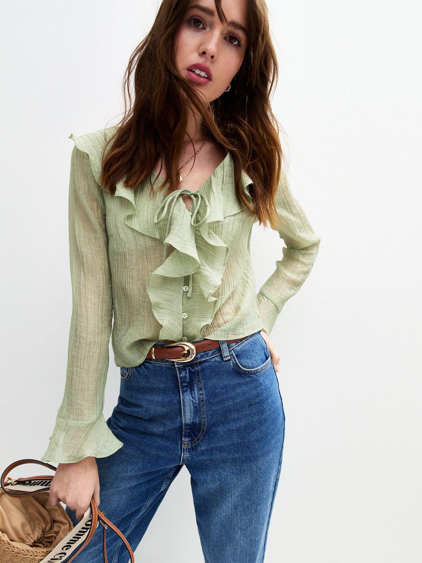 Image of New Look Textured Ruffle Tie Shell Top - Green