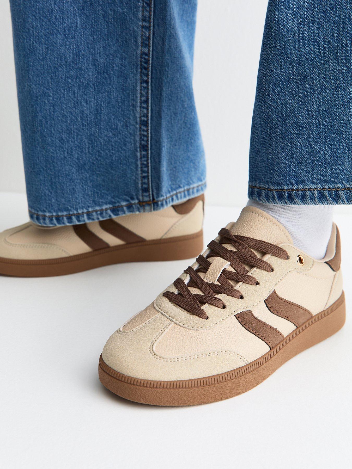 Image 1 of 5 of New Look Light Brown Pebbled Faux Leather Contrast Stripe Panelled Trainers