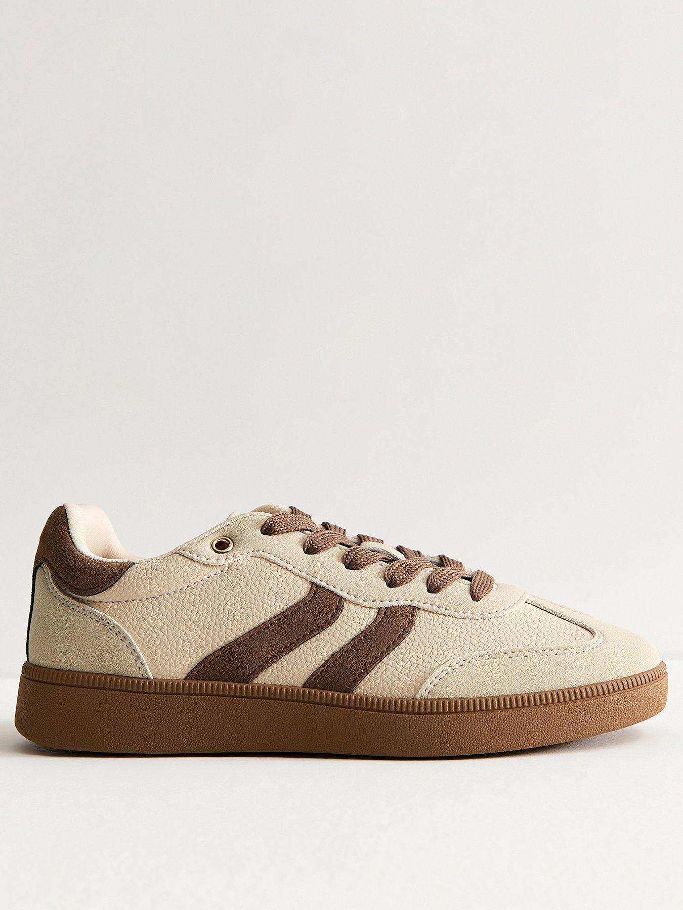 Image 2 of 5 of New Look Light Brown Pebbled Faux Leather Contrast Stripe Panelled Trainers