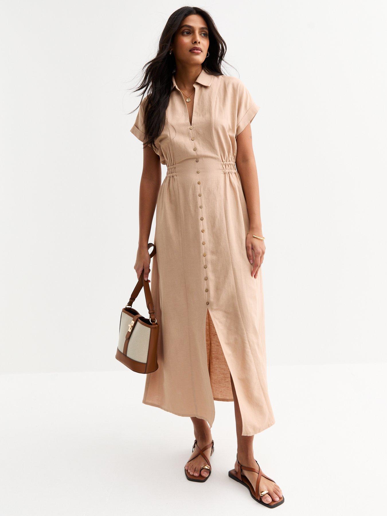new-look-camel-shirred-waist-midi-shirt-dress