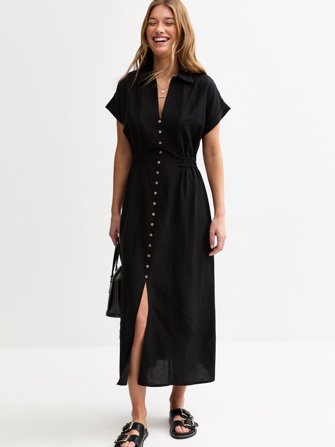 Image of New Look Black Linen-look Shirred Waist Midi Shirt Dress