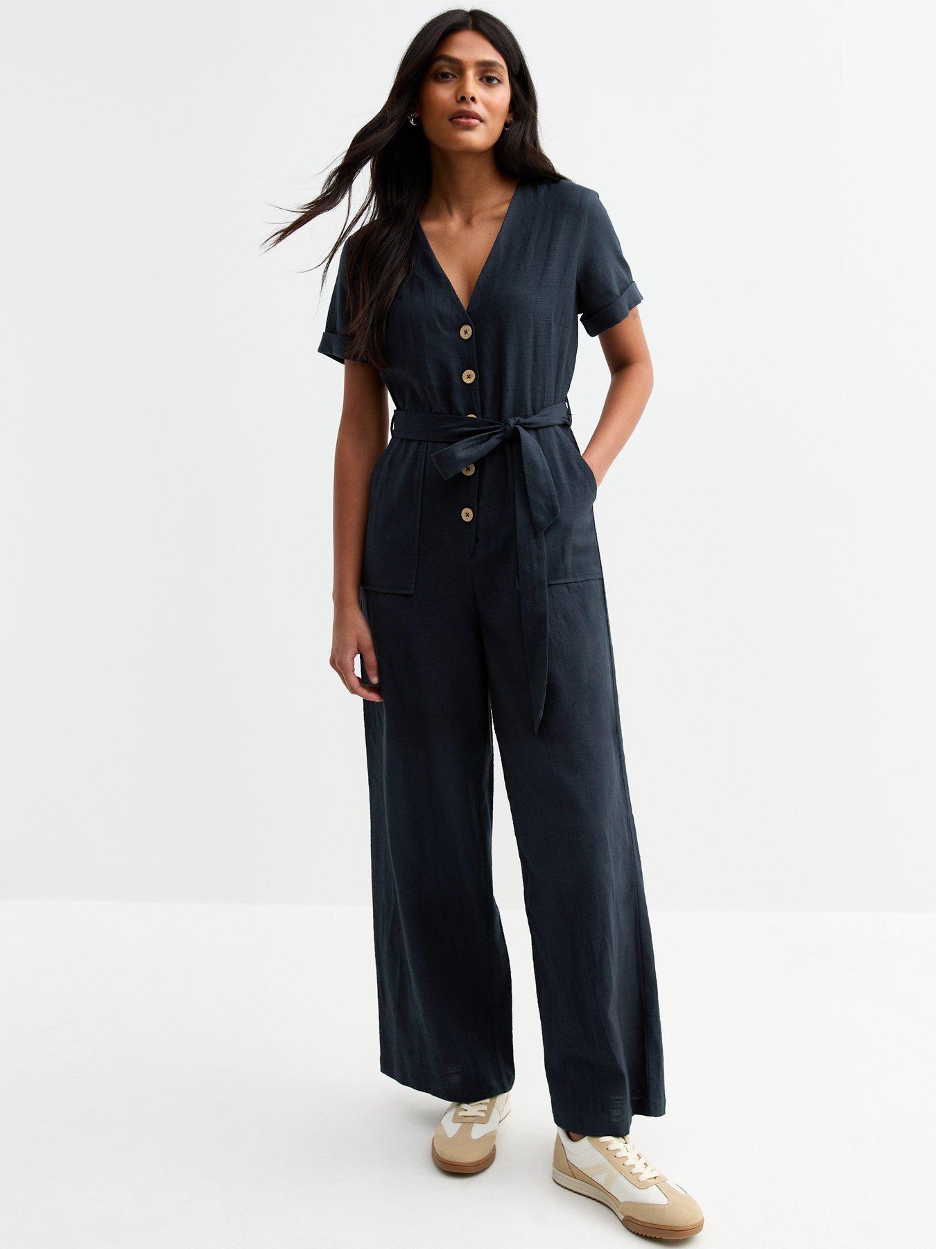 undefined Navy V Neck Button Front Jumpsuit