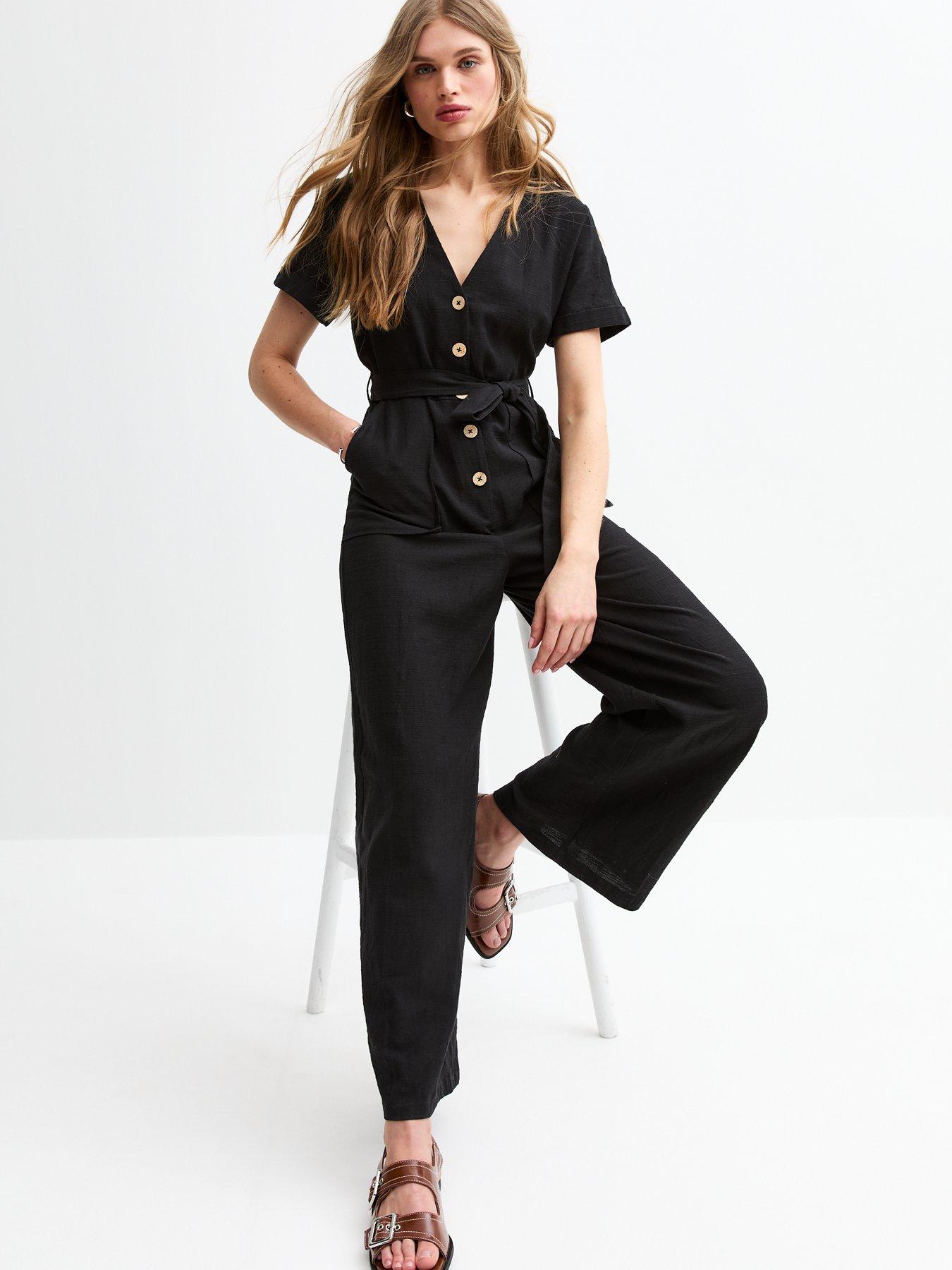 New Look V-Neck Button Front Jumpsuit - Black
