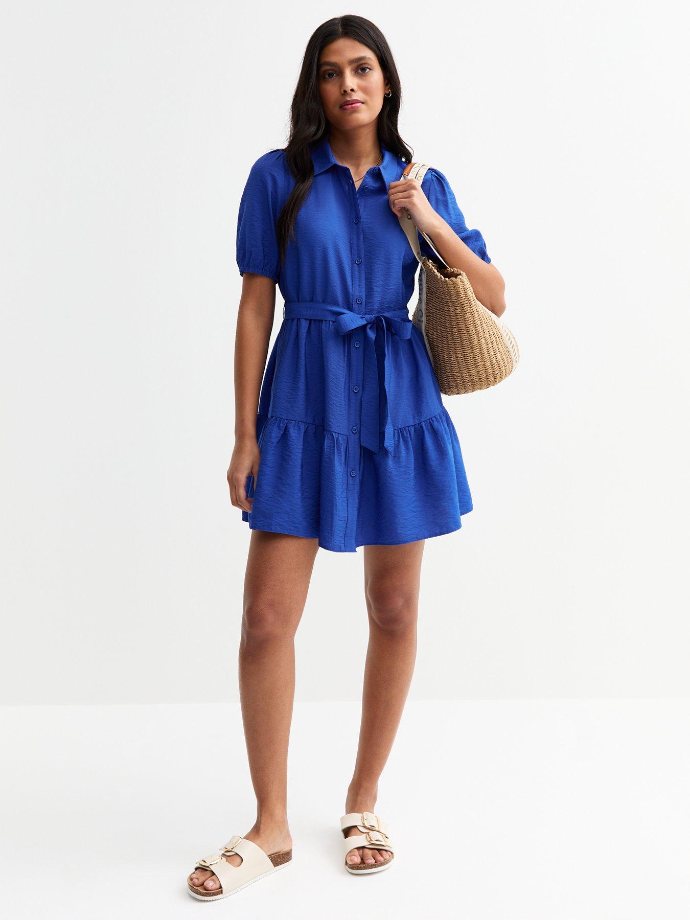 Image of New Look Blue Textured Belted Tiered Shirt Dress