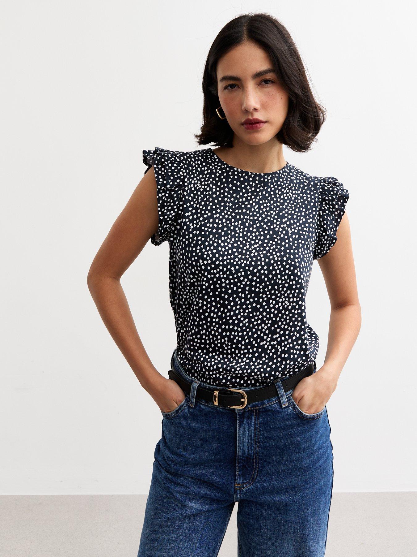 Image of New Look Blue Spot Print Frill Sleeve Top