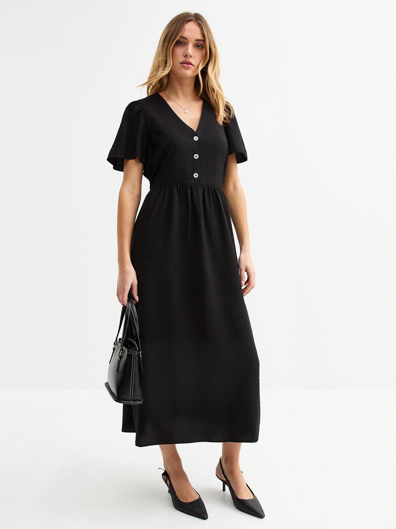 Image 1 of 5 of New Look Flutter Sleeve Button Front Midi Dress - Black