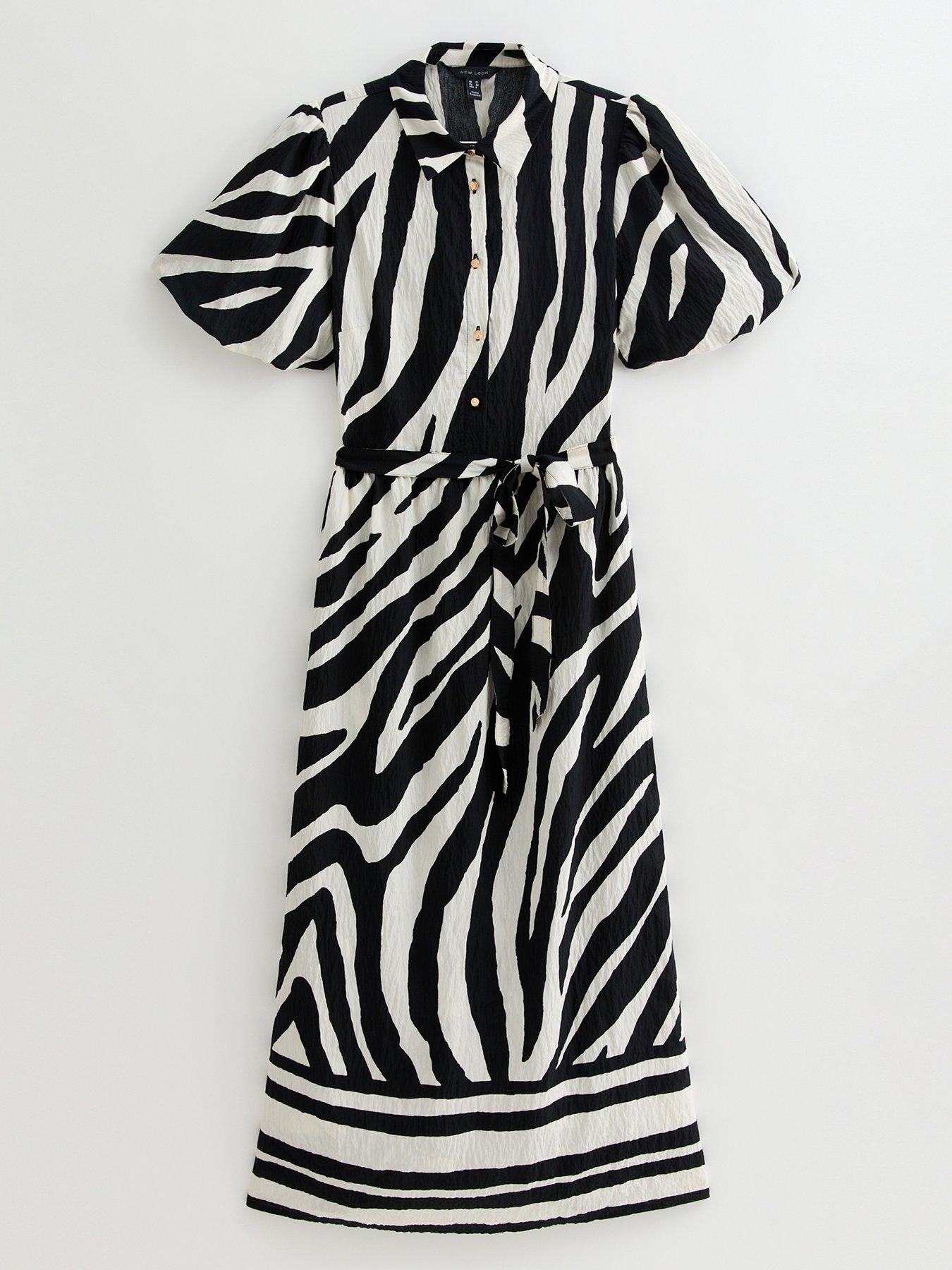 Image 5 of 5 of New Look Ziggy Zebra Puff Shirt Midi - Black