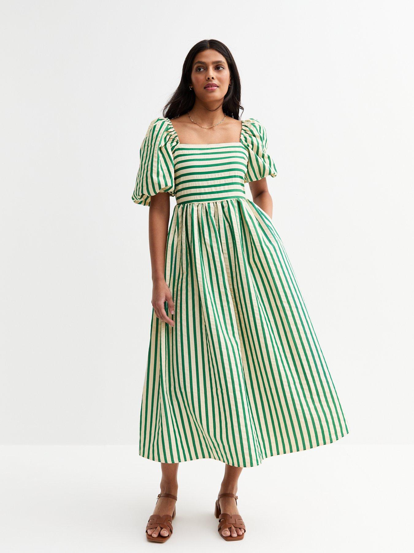 Image 1 of 5 of New Look Green Striped Puffed Sleeve Midi Dress